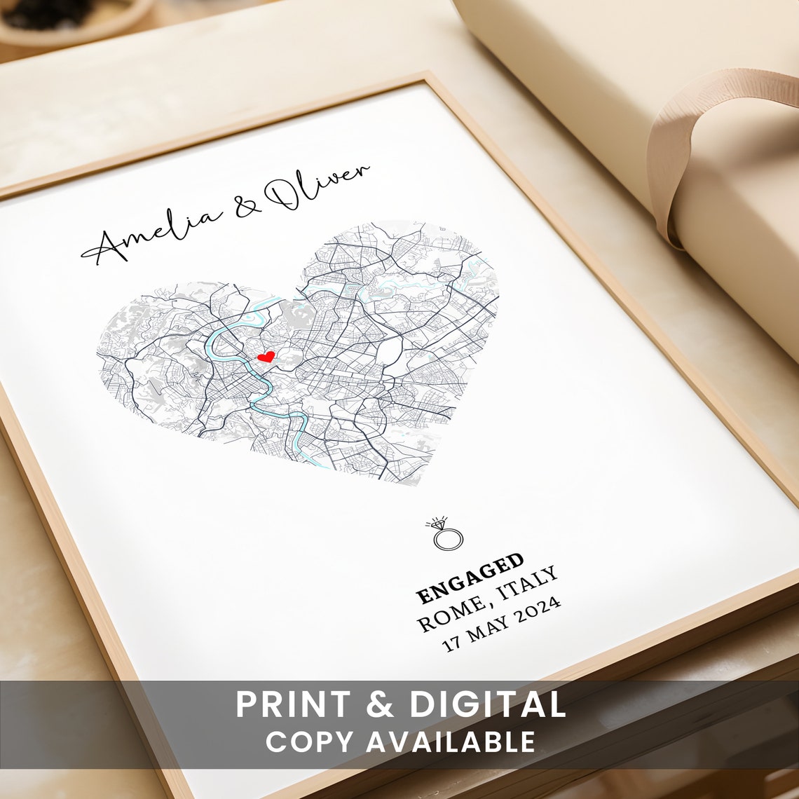 Engagement Print, Engagement Gift, Gift For Engaged Couple, Personalised Map Print, Engagement Gift For Her - Digital File