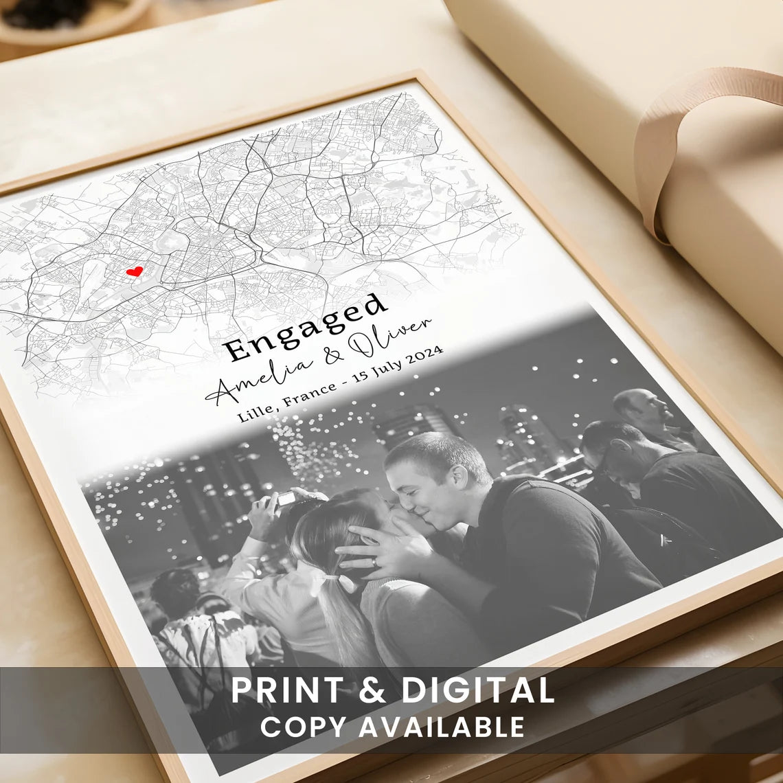 Engagement Print, Engagement Image & Map Print, Gift For Engaged Couple, Personalised Map Print, Engagement Gift For Her, Engagement Poster