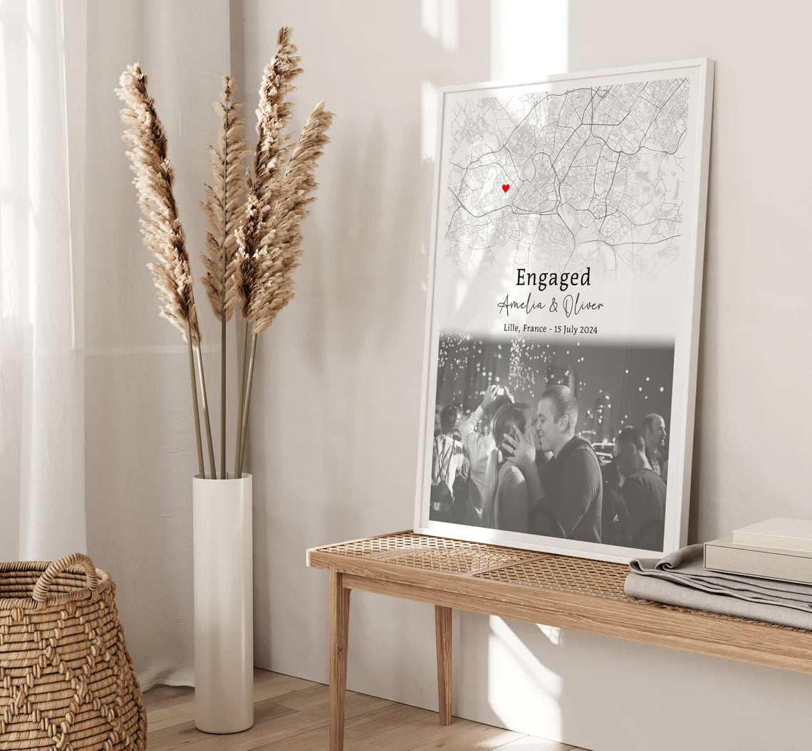 Engagement Print, Engagement Image & Map Print, Gift For Engaged Couple, Personalised Map Print, Engagement Gift For Her, Engagement Poster