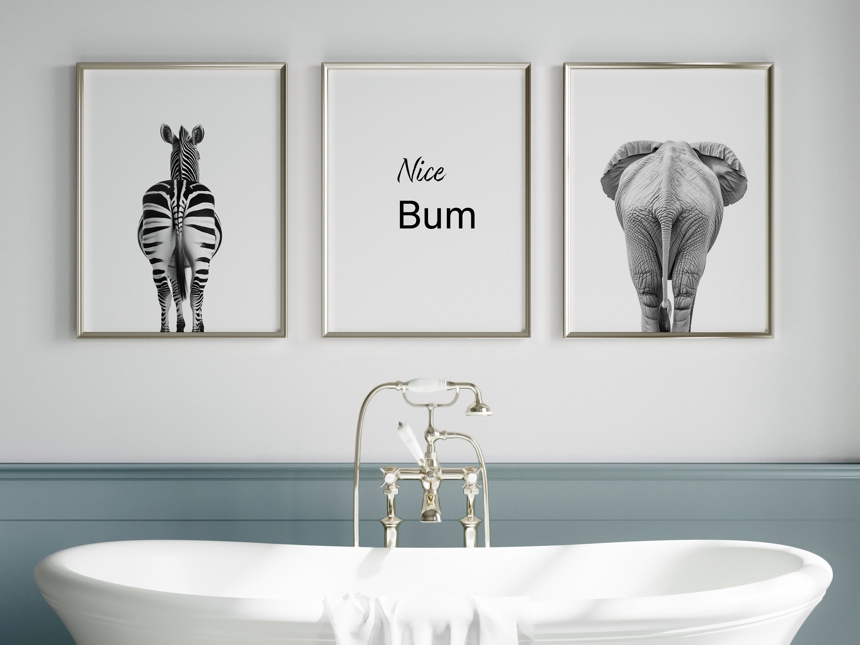Nice Bum Zebra Elephant Funny Wall Art, Set Of 3s, Funny Bathroom Decor, Printable Animal Portrait, New Home Gift, Funny Quote