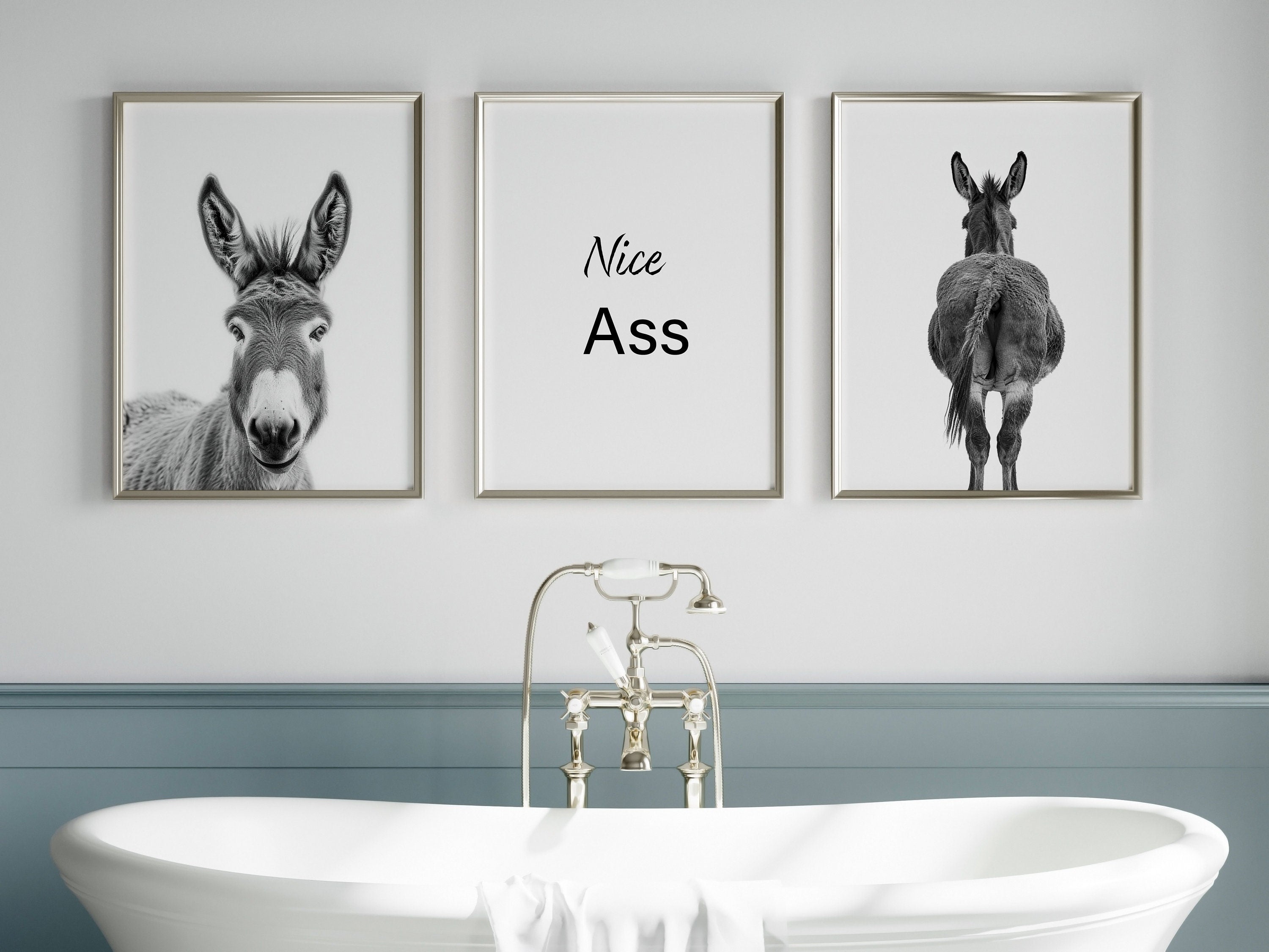 Nice Ass Set Of 3 Funny Bathroom Decor Digital Downloads, Funny Donkey Toilet Gift, New Home Gift, Funny Wall Art Printable - Digital File