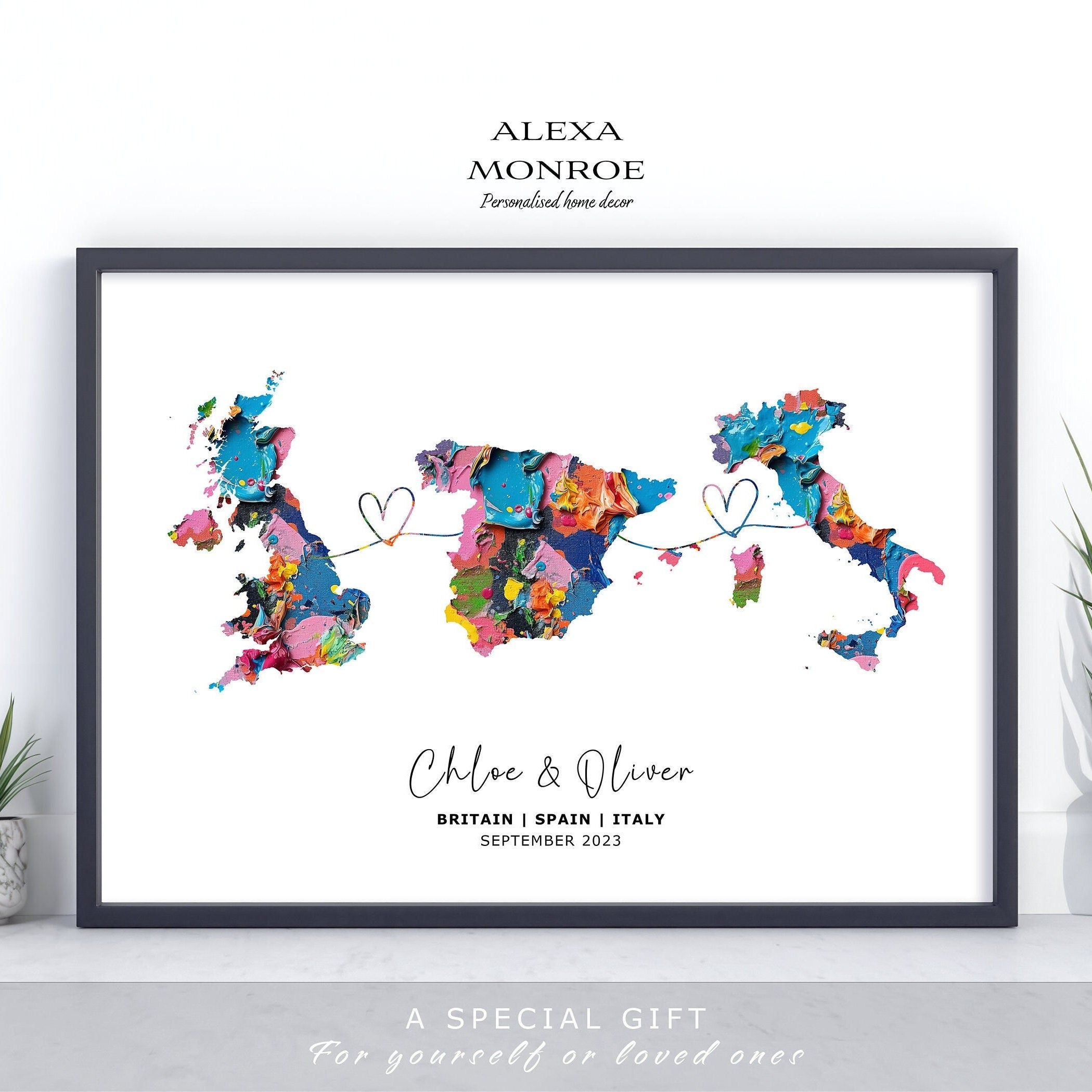 Personalised Map Wall Decor, Any Three Countries, Custom Map Print, Country to Country Wall Art, Fathers Day Gift, Texture Paint - Digital File