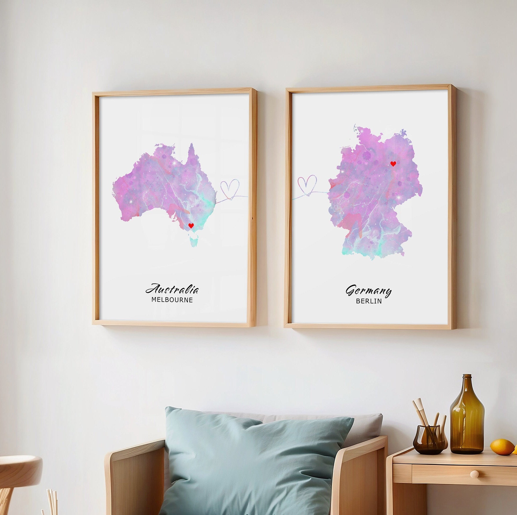 Custom Watercolour Map Prints - Set of 2 Any Two Countries, Personalised Map Wall Art, New Home Gift, Fathers Day Gift