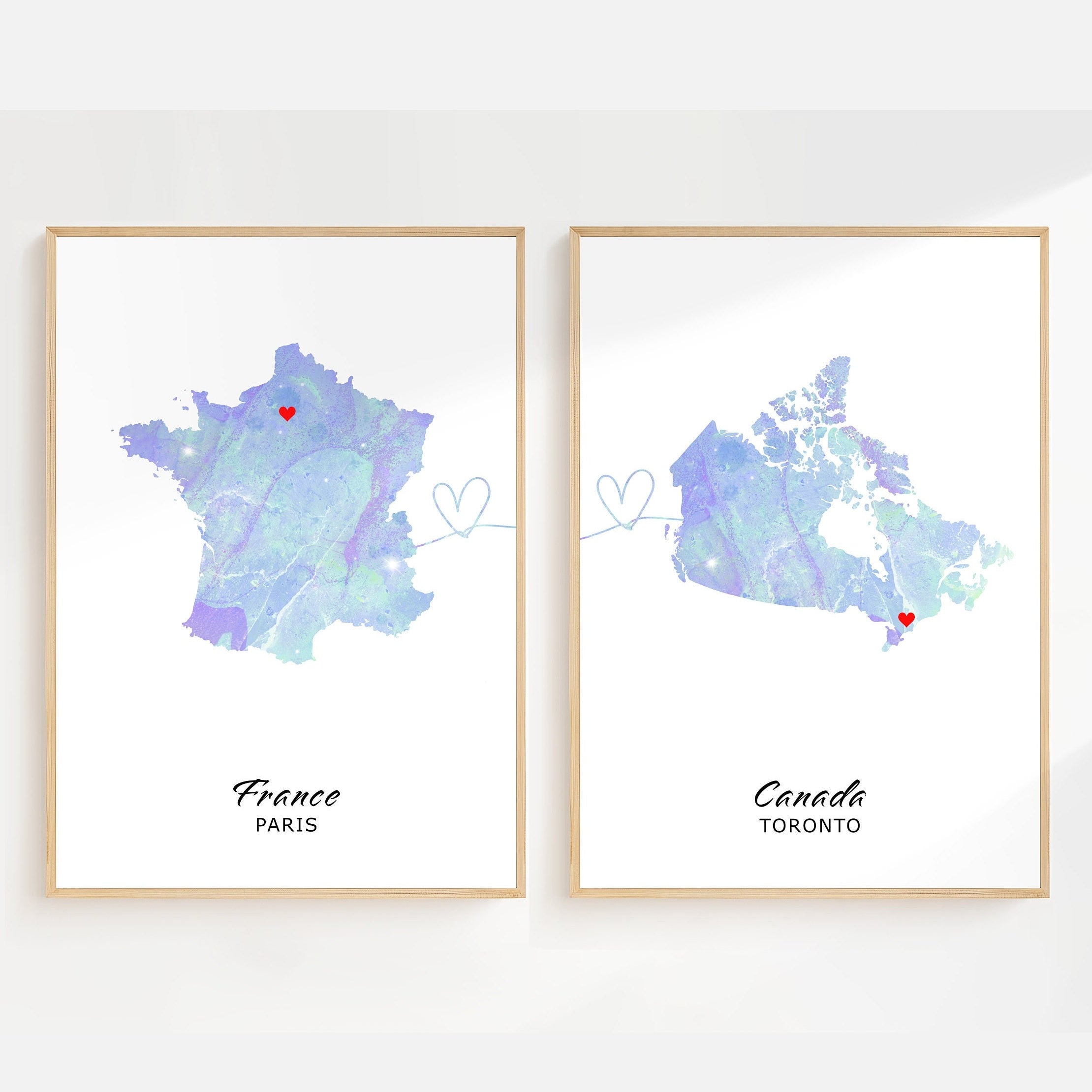 Custom Watercolour Map Prints - Set of 2 Any Two Countries, Personalised Map Wall Art, New Home Gift, Fathers Day Gift