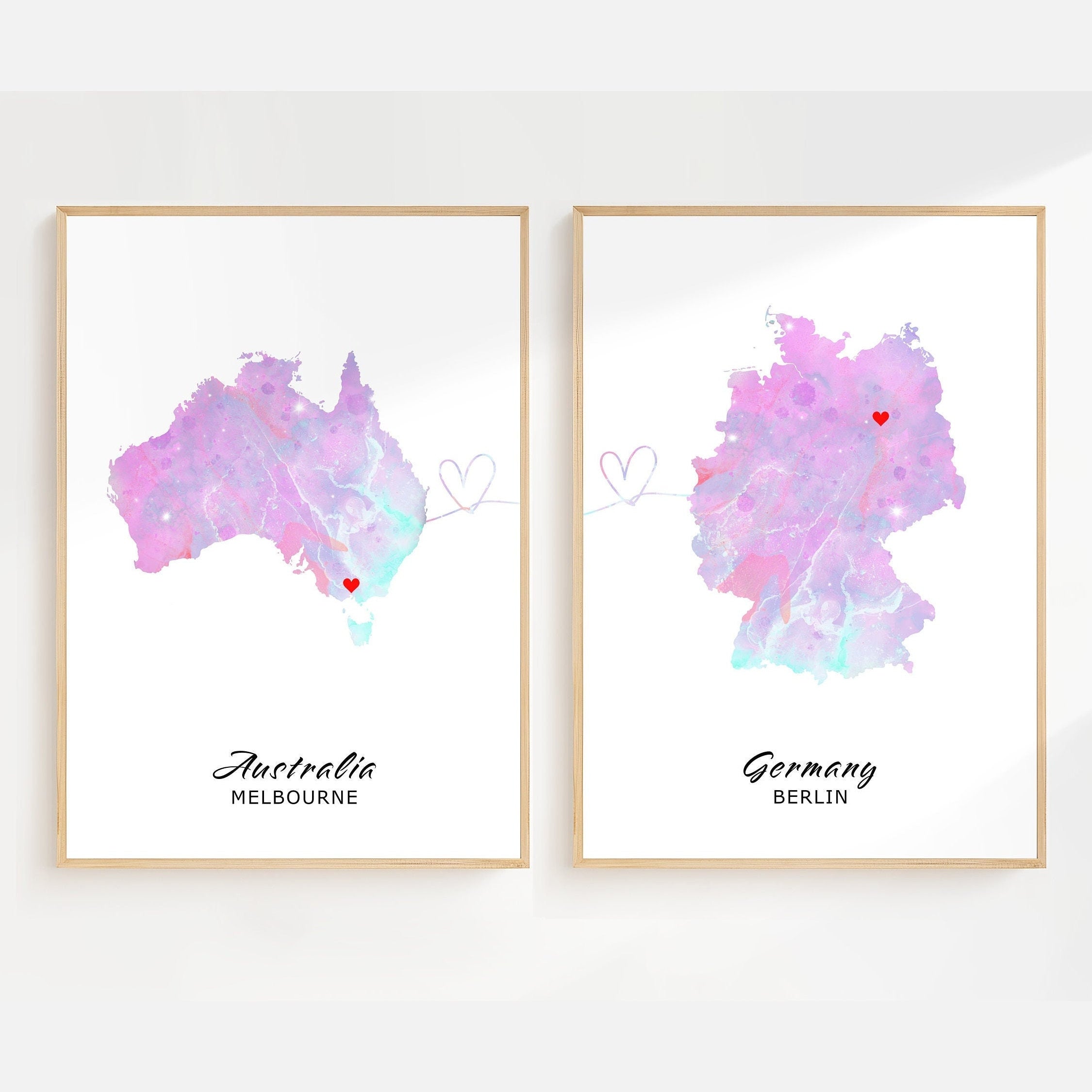 Custom Watercolour Map Prints - Set of 2 Any Two Countries, Personalised Map Wall Art, New Home Gift, Fathers Day Gift