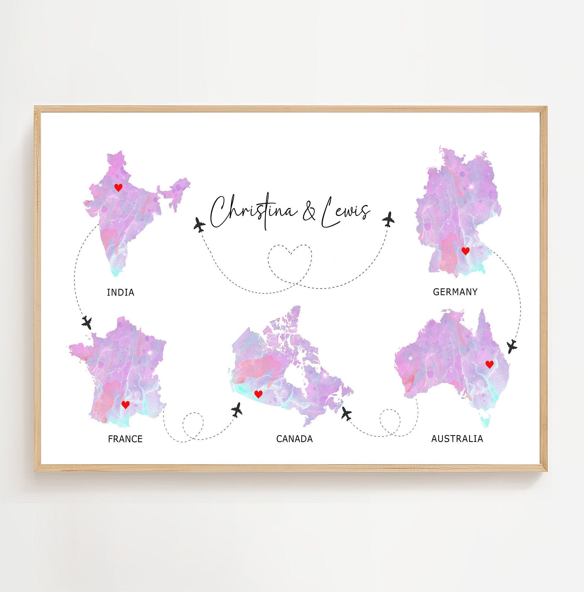 Watercolour Map Print - Up to Any 5 Countries, Custom Map Wall Art, New Home Gift, Travel Gift, Office Decoration