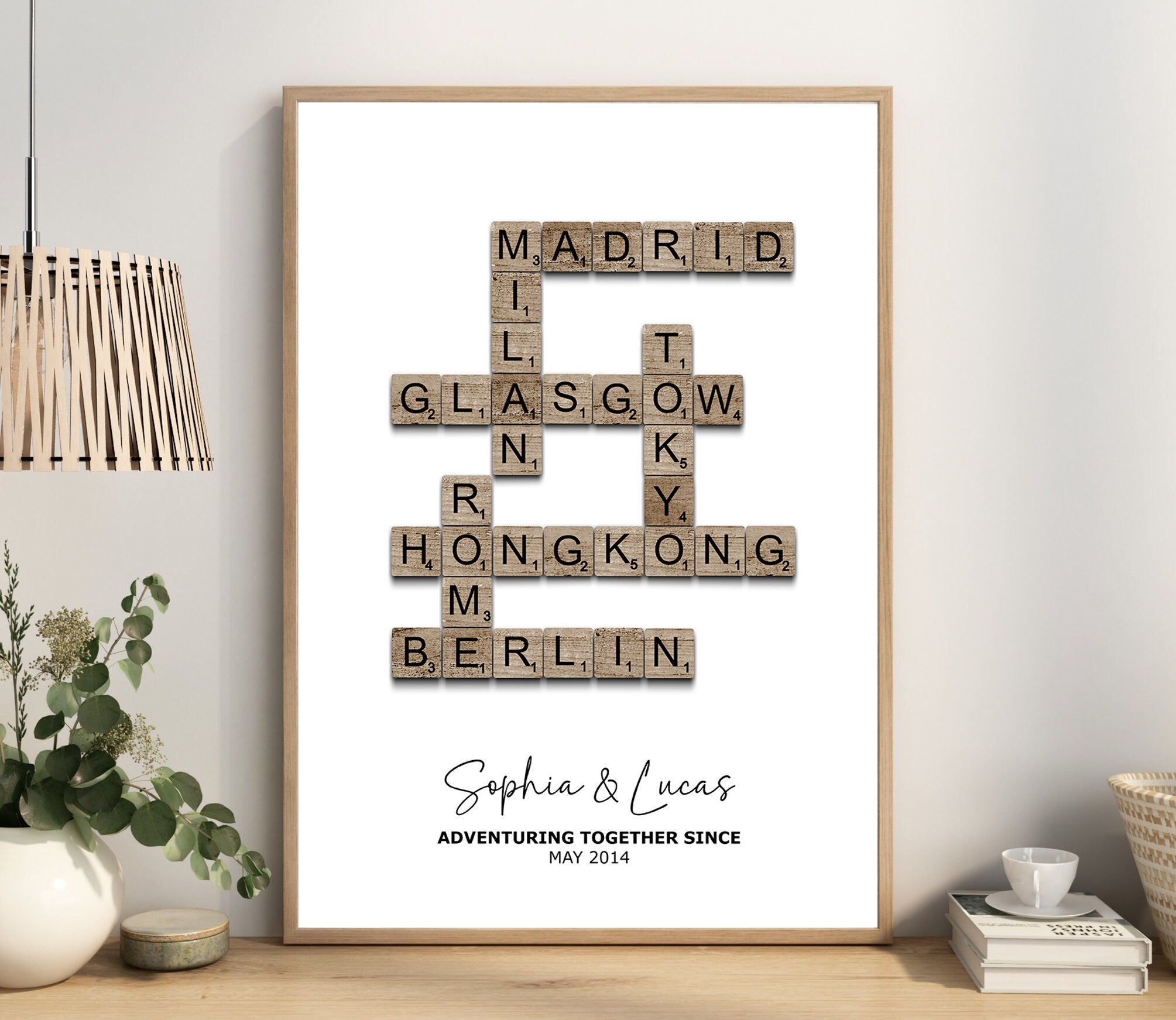 Personalised Scrabble Travel Print, Locations And Destinations, family Wall Art, Couple Gift, Family Gift, Places Visited Keepsake Print