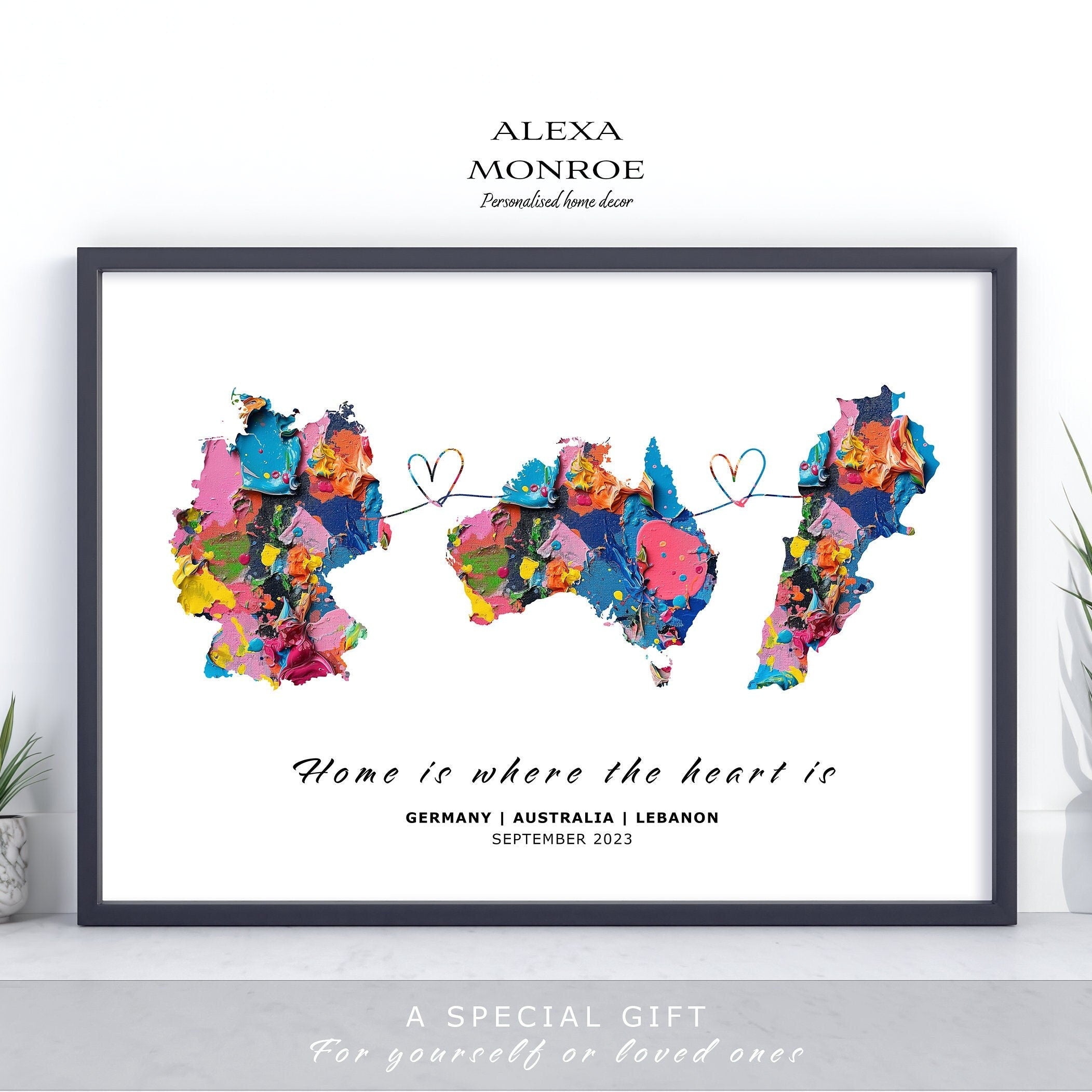 Personalised Map Wall Decor, Any Three Countries, Custom Map Print, Country to Country Wall Art, Fathers Day Gift, Texture Paint - Digital File
