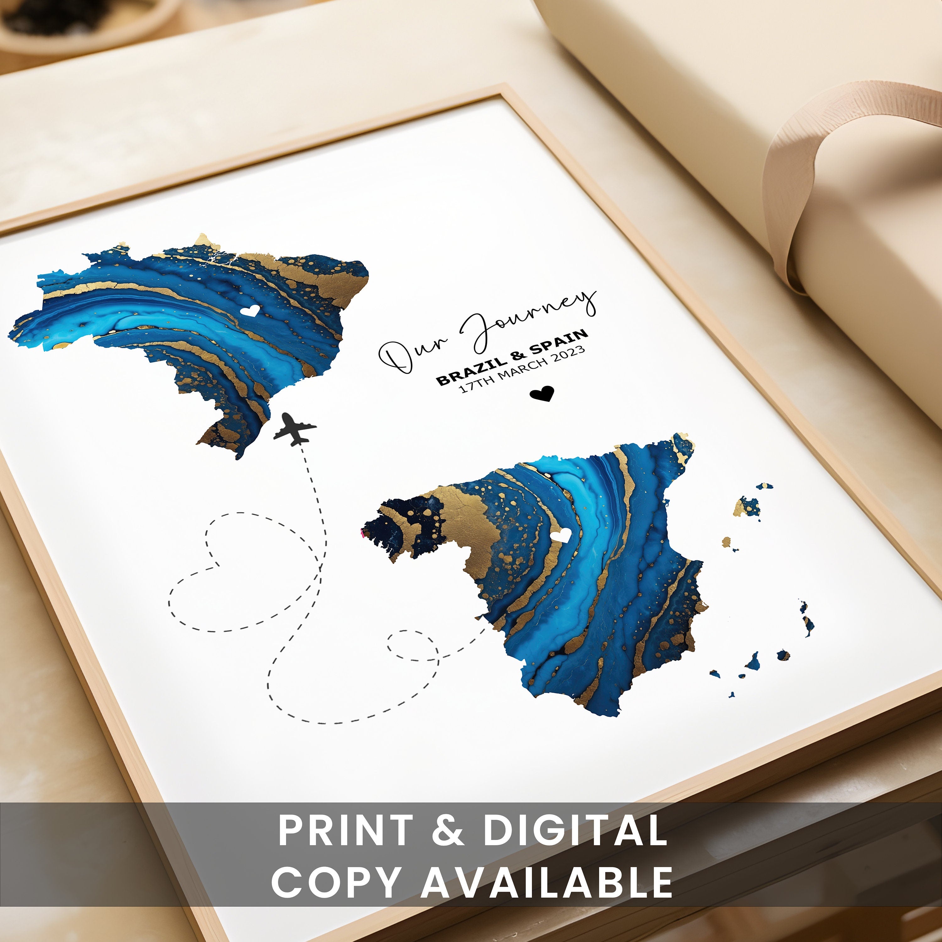 Custom Map Print - Select two countries - Personalised Map Art - Perfect Travel Gift - Digital File