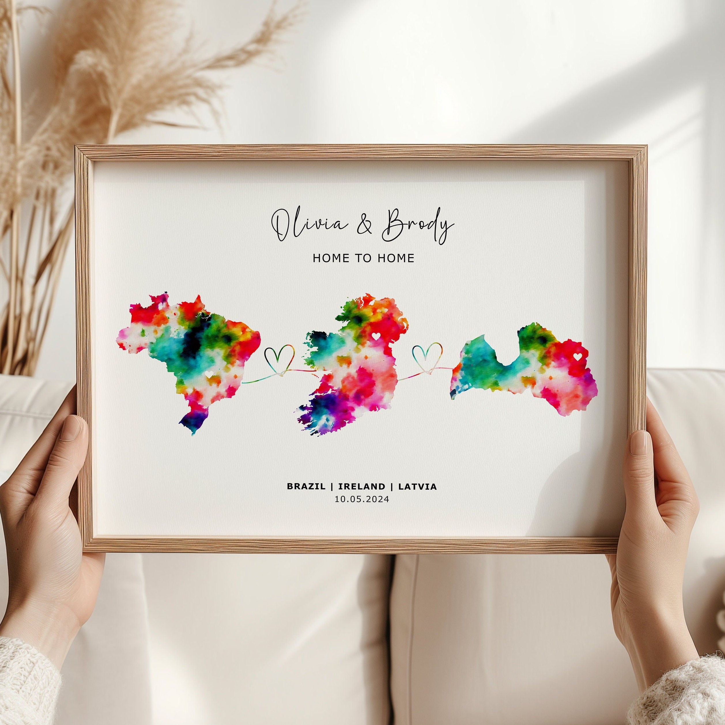 Personalised Map Wall Print - Any Three Countries, Custom Map Decor, Country to Country Wall Art Print, Gift for him, Travel Gift