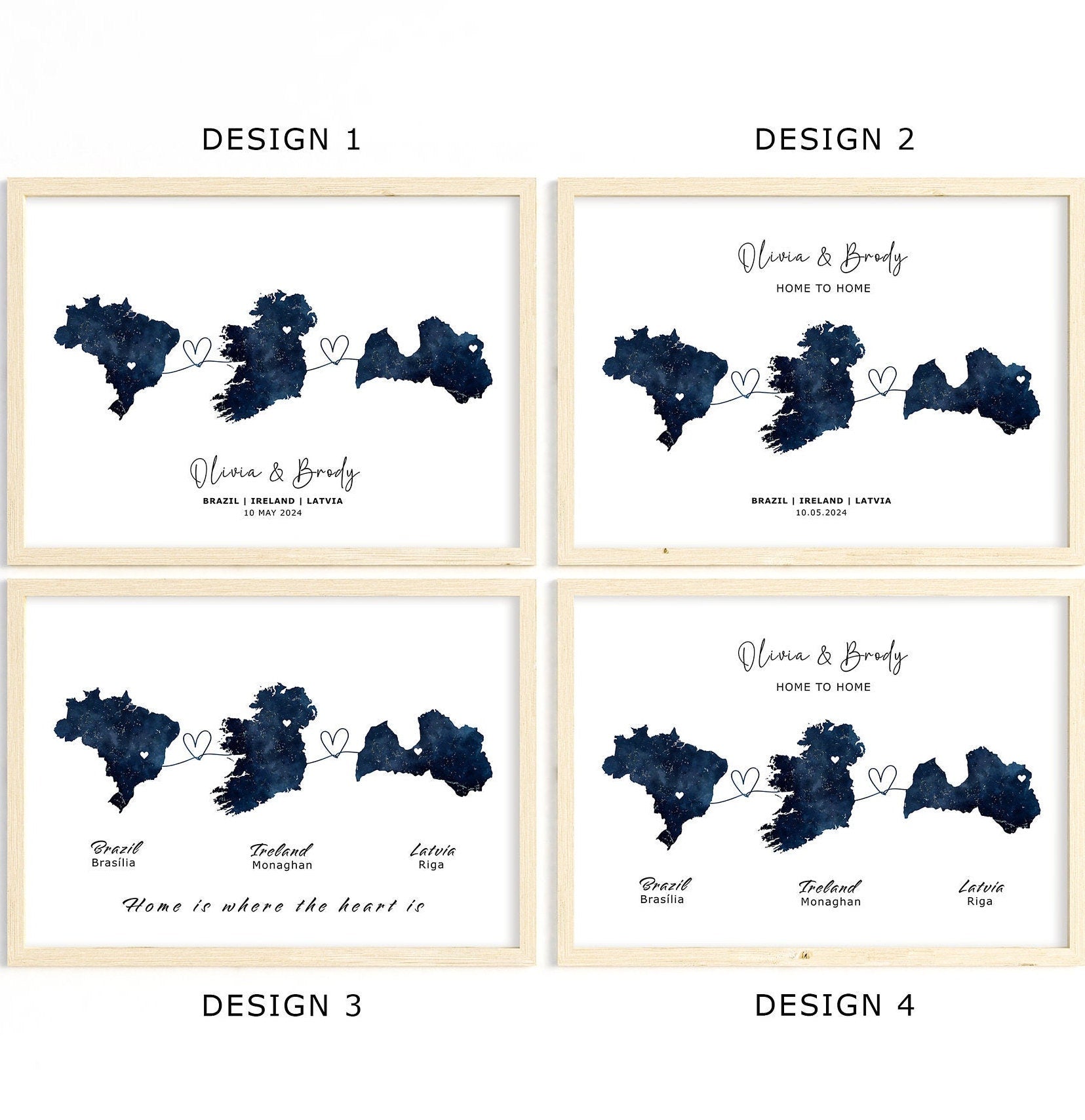 Personalised Map Wall Print - Any Three Countries, Custom Map Decor, Country to Country Wall Art Print, Gift for him, Travel Gift