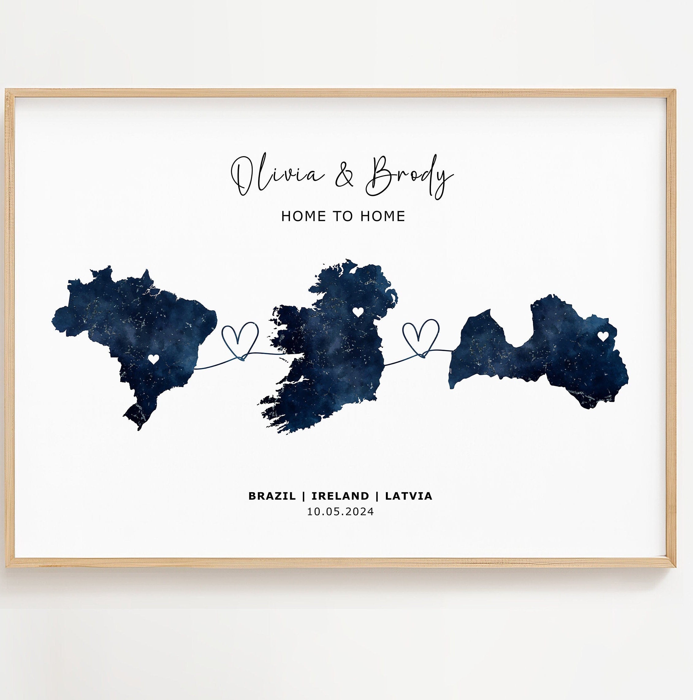 Personalised Map Wall Print - Any Three Countries, Custom Map Decor, Country to Country Wall Art Print, Gift for him, Travel Gift