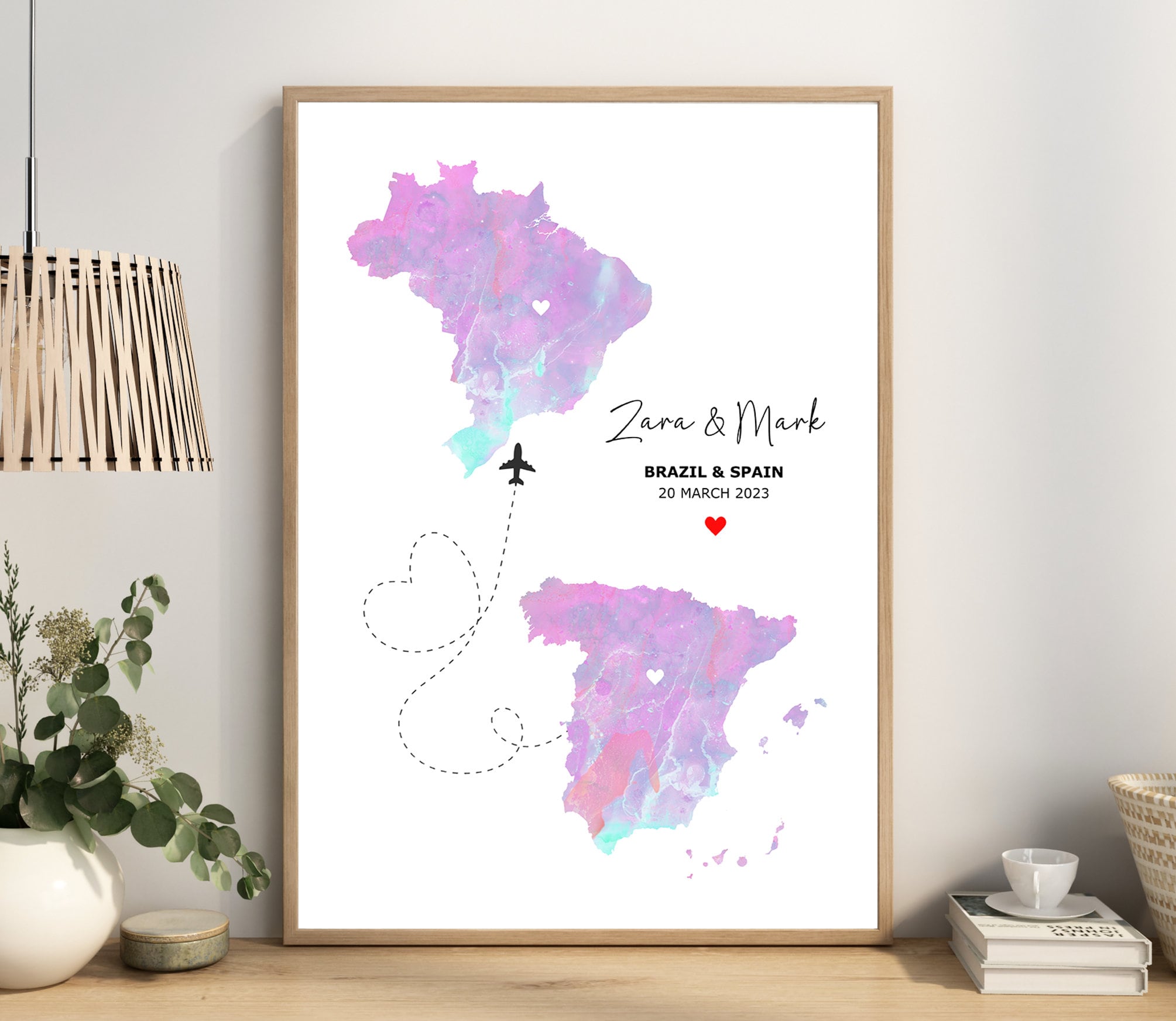 Watercolour Map Print - Any Two Countries, Custom Map Wall Art, New Home Gift, Travel Gift, Office Decoration