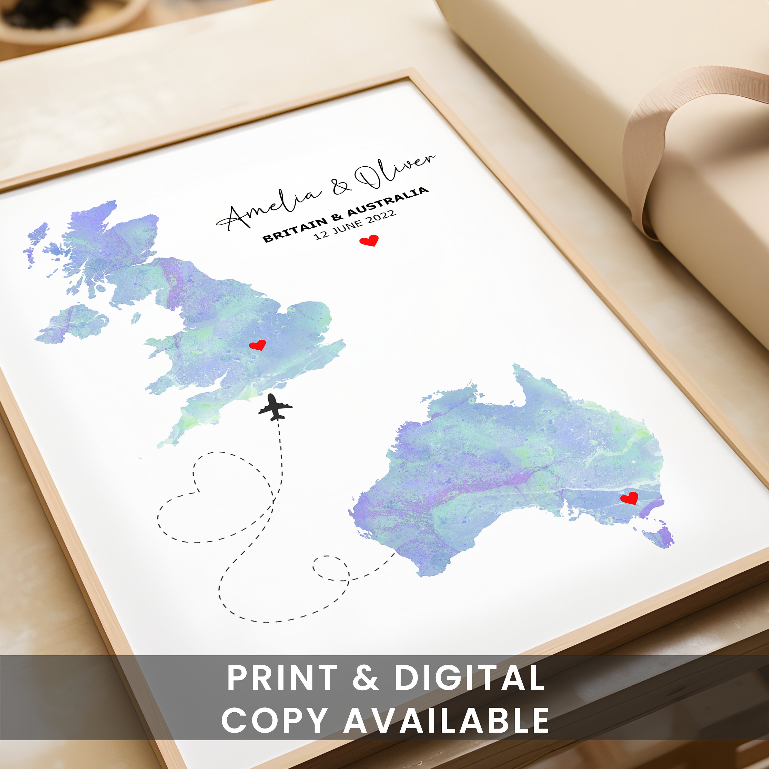 Watercolour Map Print - Any Two Countries, Custom Map Wall Art, New Home Gift, Travel Gift, Office Decoration
