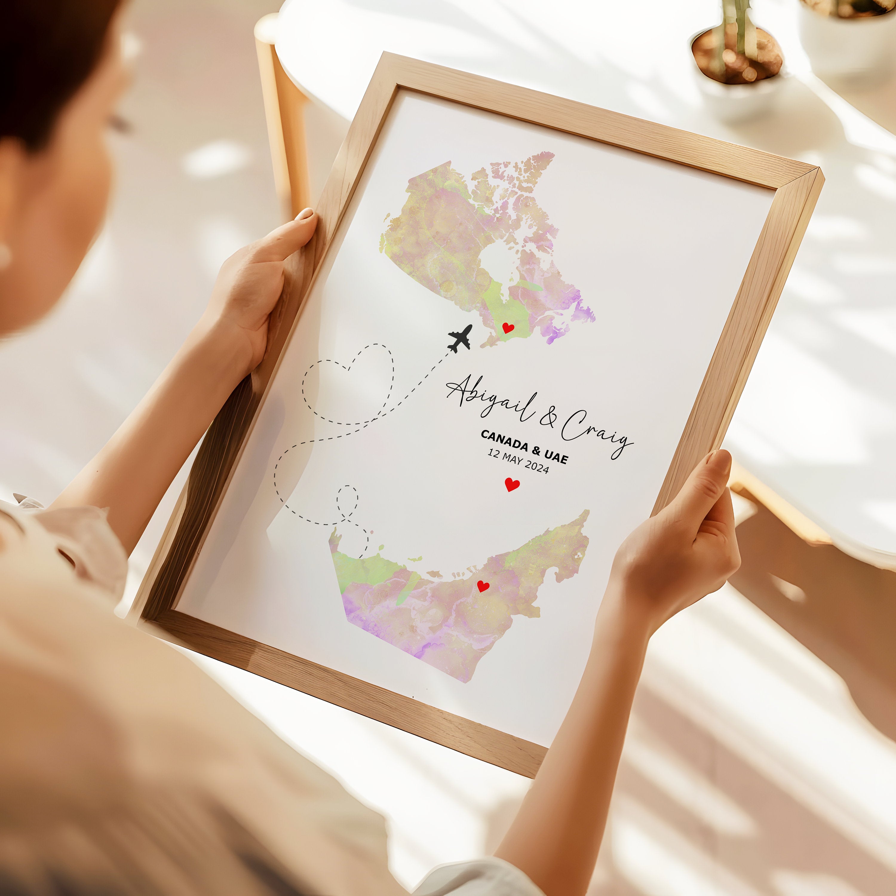 Watercolour Map Print - Any Two Countries, Custom Map Wall Art, New Home Gift, Travel Gift, Office Decoration