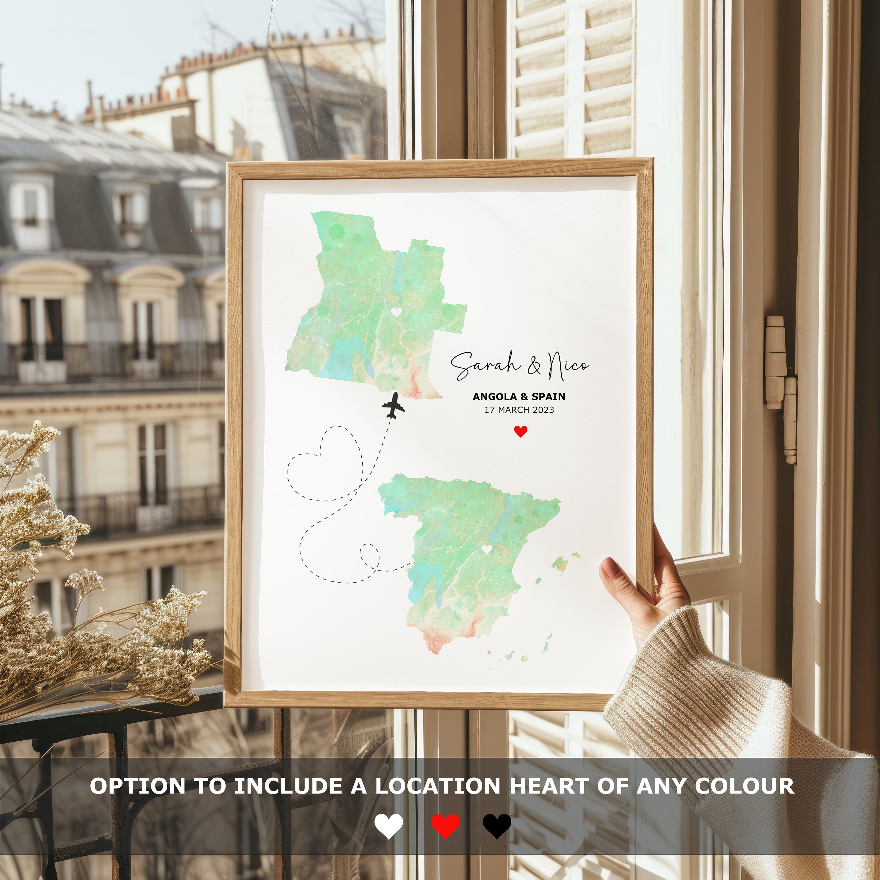 Watercolour Map Print - Any Two Countries, Custom Map Wall Art, New Home Gift, Travel Gift, Office Decoration