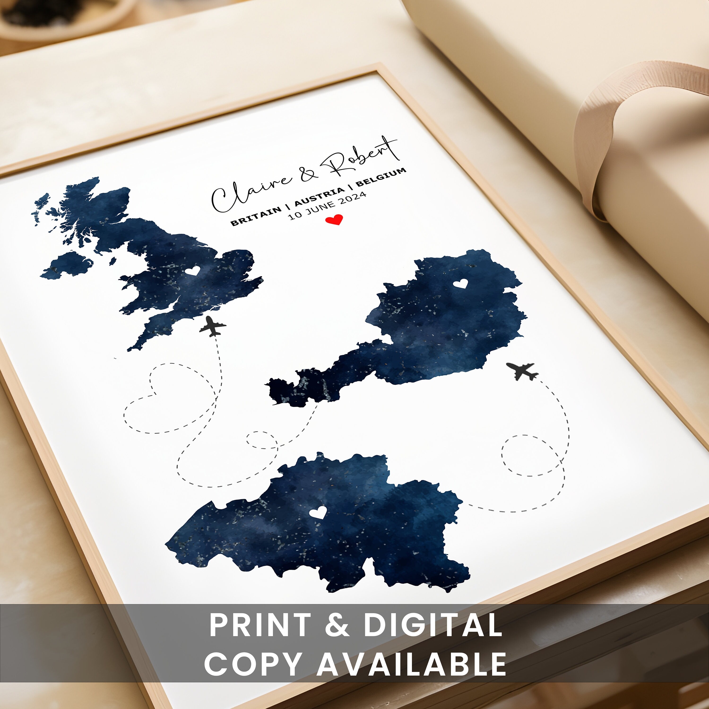 Watercolour Map Print - Any 3 Countries, Custom Map Wall Art, New Home Gift, Travel Gift, Office Decoration