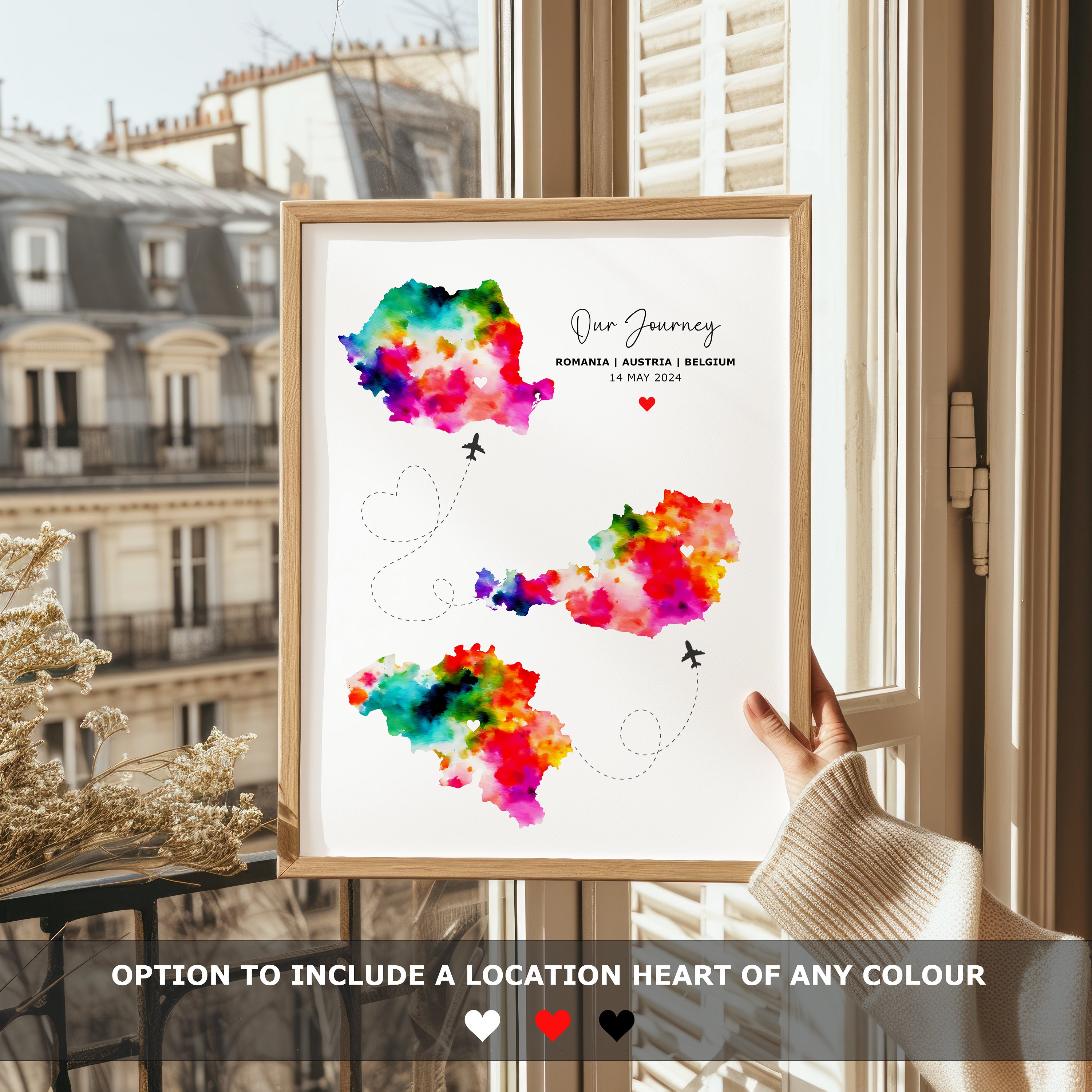 Watercolour Map Print - Any 3 Countries, Custom Map Wall Art, New Home Gift, Travel Gift, Office Decoration