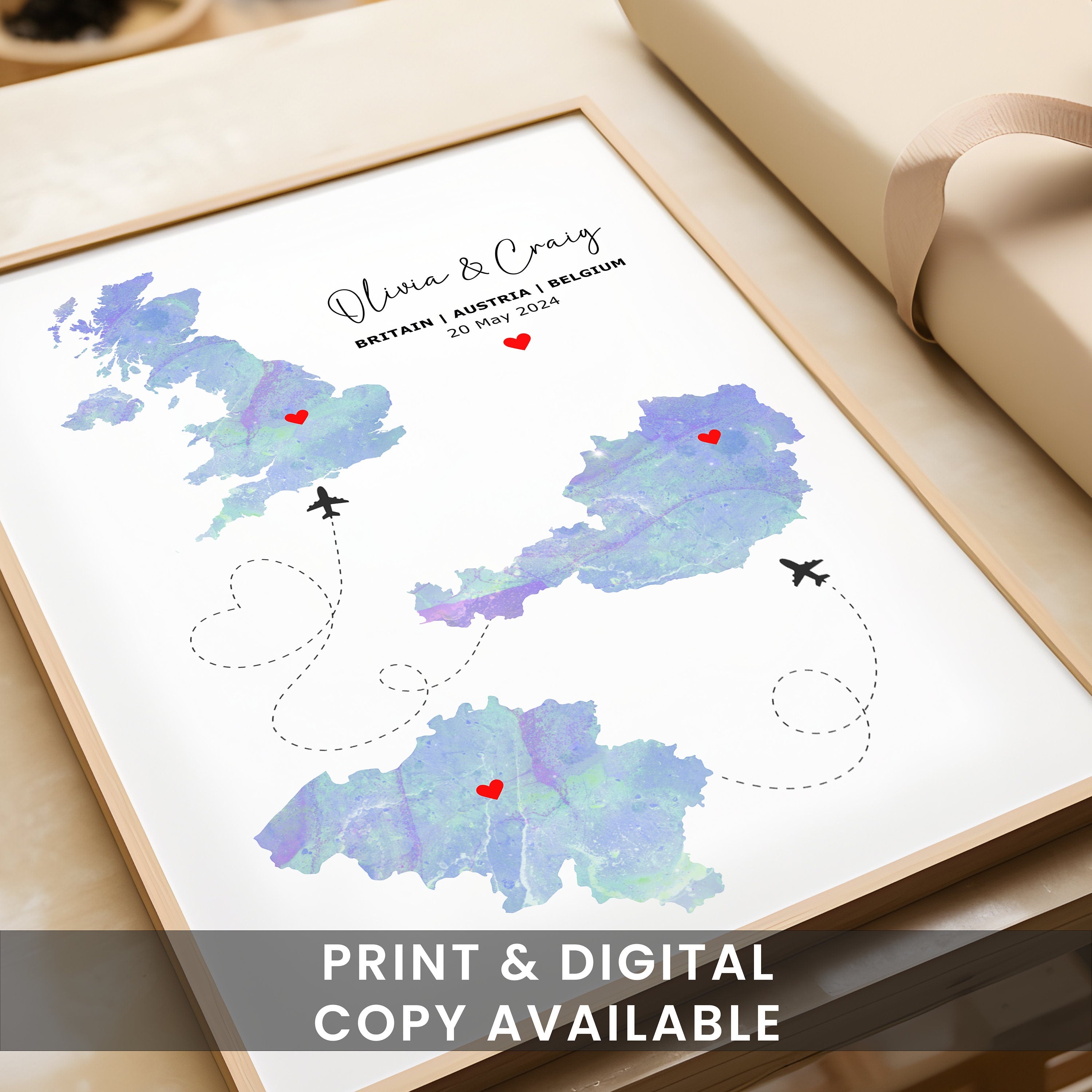 Watercolour Map Print - Any Three Countries, Custom Map Wall Art, New Home Gift, Travel Gift, Office Decoration