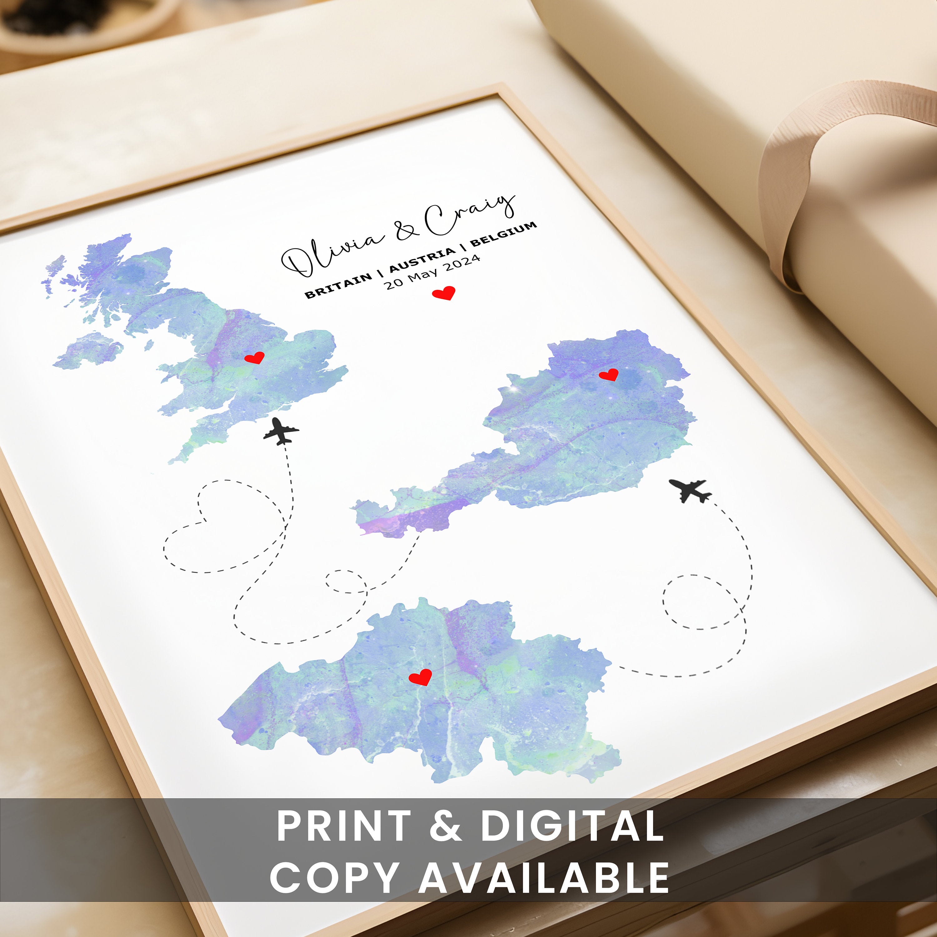 Watercolour Map Print - Any Three Countries, Custom Map Wall Art, New Home Gift, Travel Gift, Office Decoration - Digital File