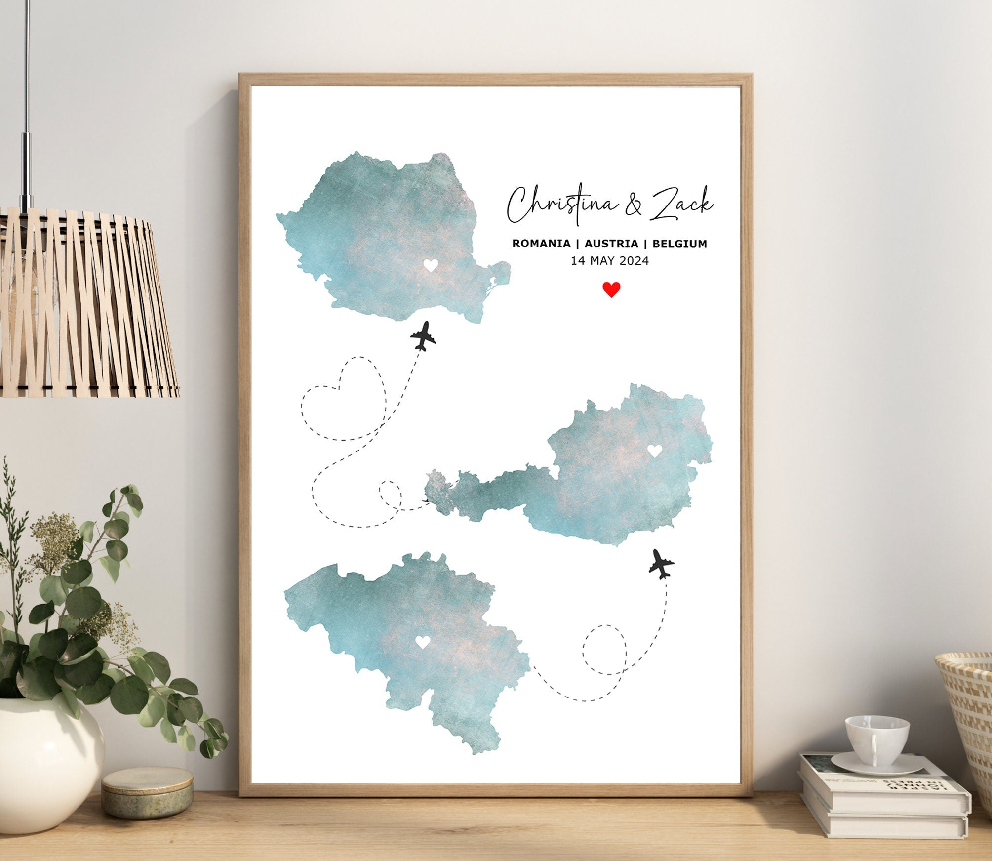 Personalised Map Print - Any Three Countries, Custom Map Wall Art, New Home Gift, Travel Gift, Office Decoration