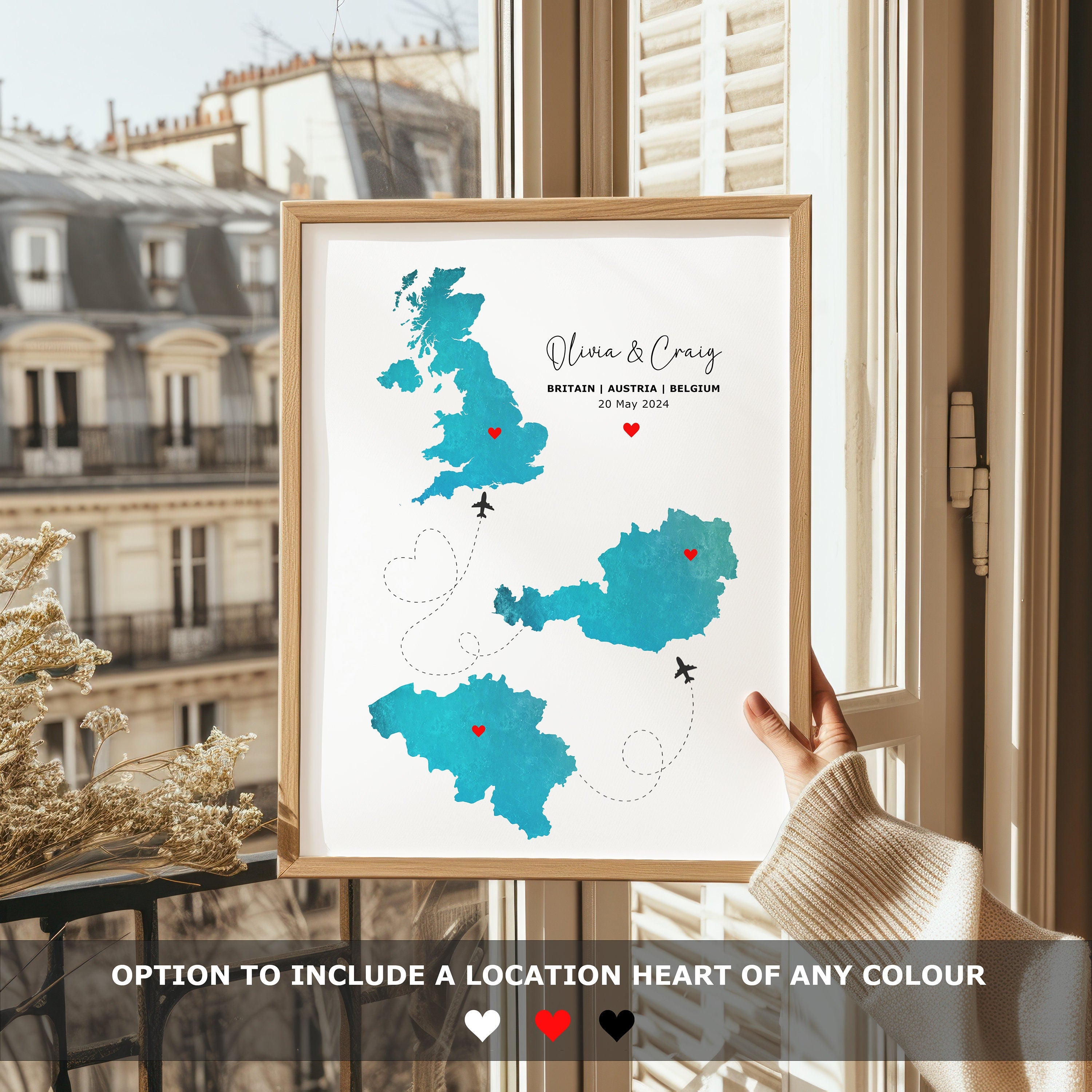 Personalised Map Print - Any Three Countries, Custom Map Wall Art, New Home Gift, Travel Gift, Office Decoration