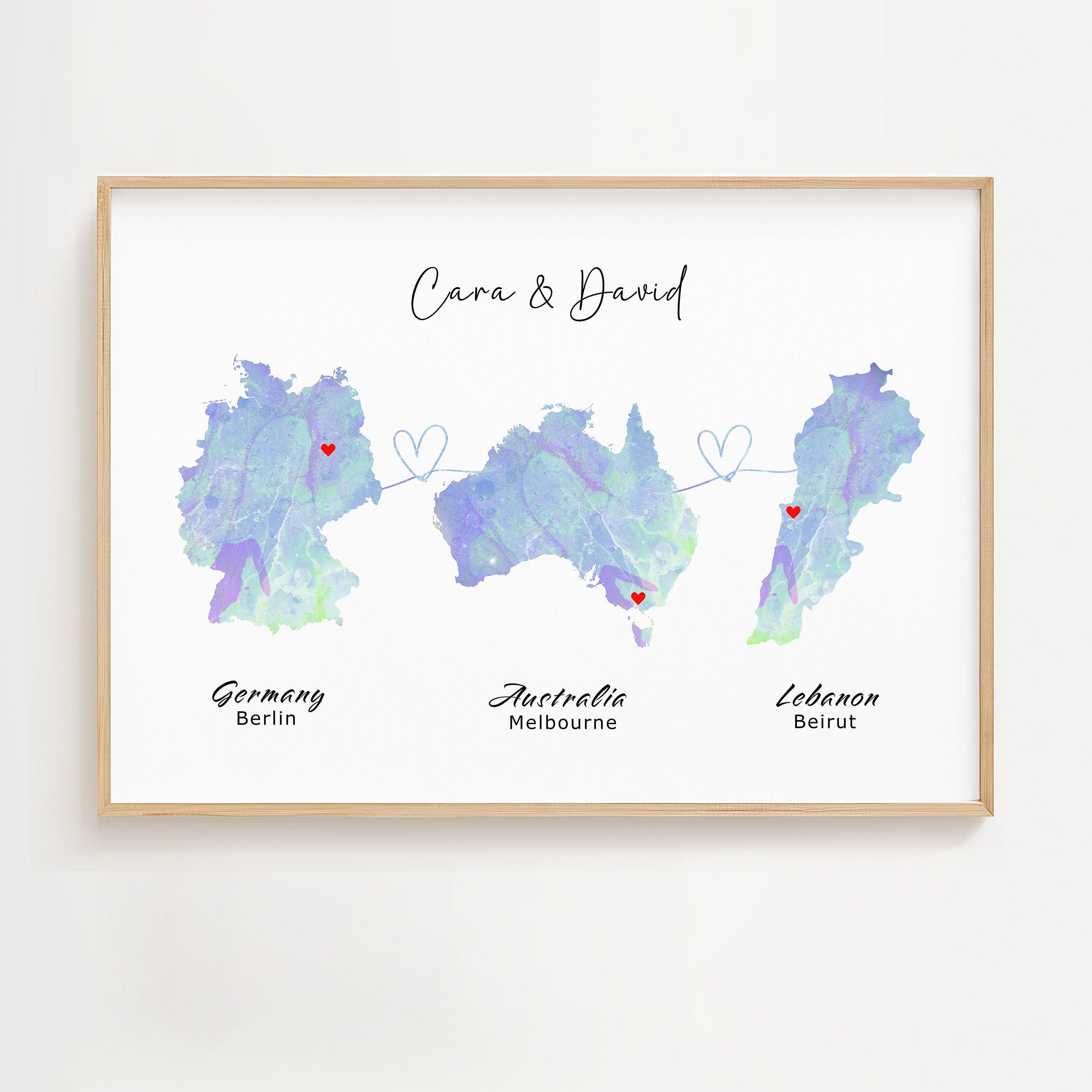 Personalised Watercolour Map - Any Three Countries, Custom Map Print, New Home Gift, Country to Country Wall Art, Holiday Home - Digital File