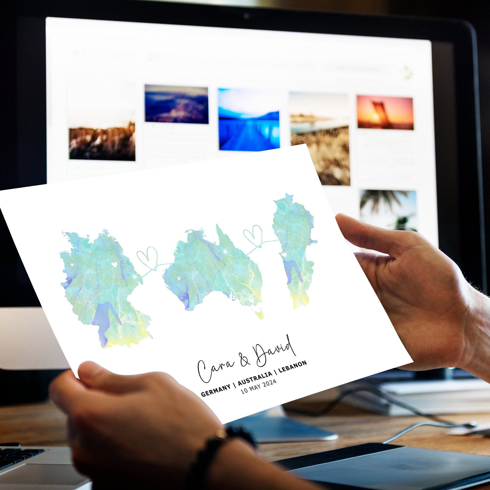 Personalised Watercolour Map - Any Three Countries, Custom Map Print, New Home Gift, Country to Country Wall Art, Holiday Home - Digital File