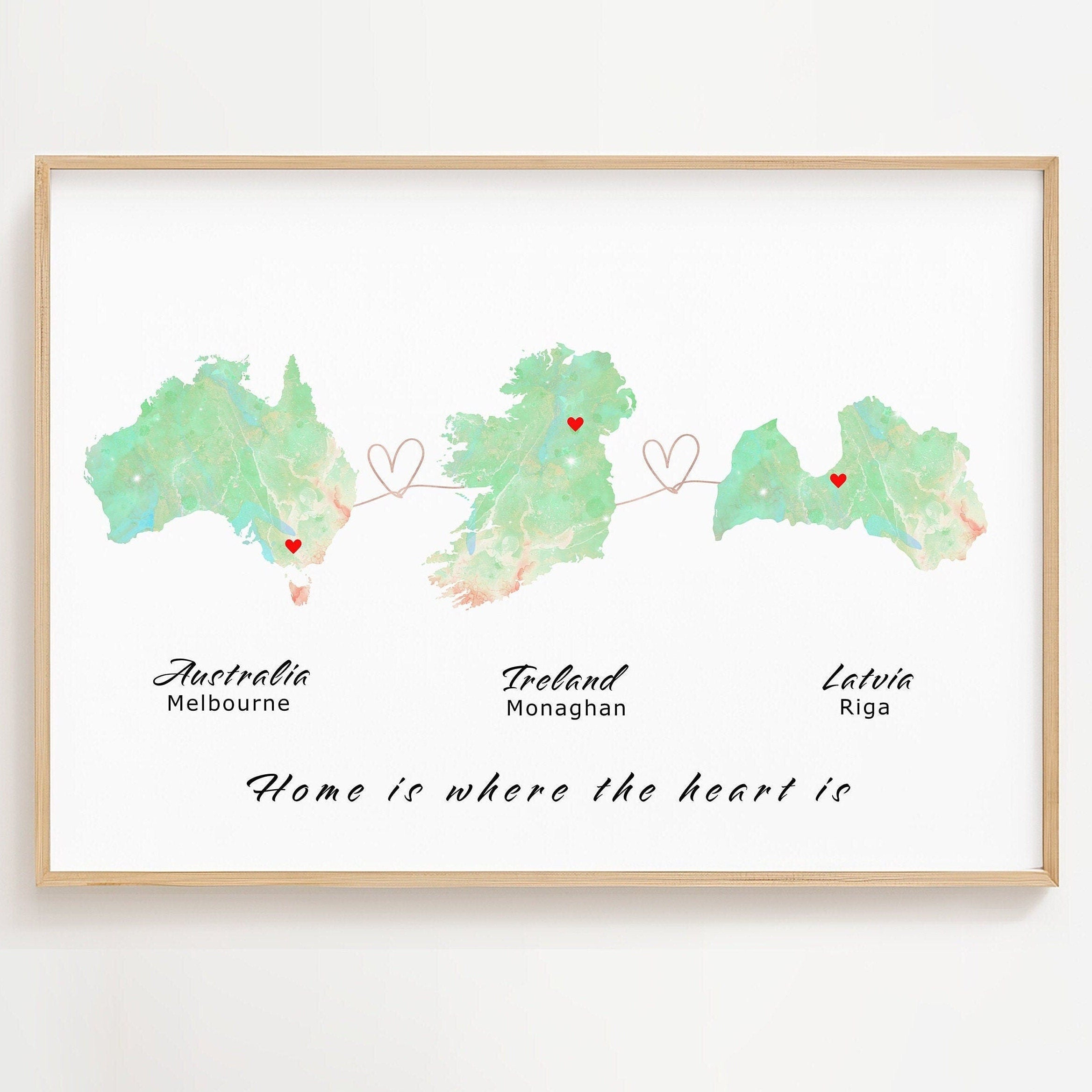 Personalised Watercolour Map - Any Three Countries, Custom Map Print, New Home Gift, Country to Country Wall Art, Holiday Home - Digital File