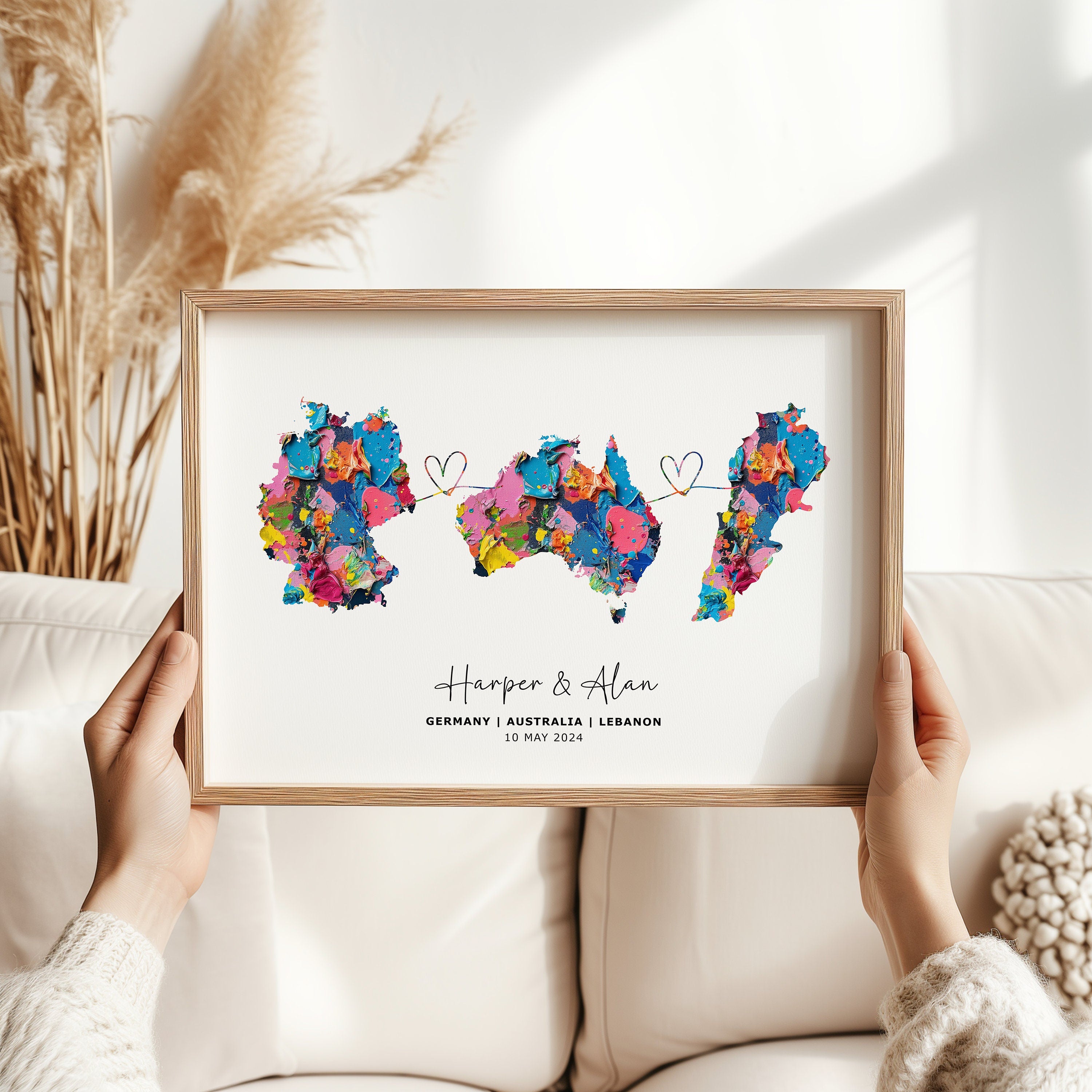Personalised Map Wall Decor, Any Two Countries, Custom Map Print, Country to Country Wall Art, Fathers Day Gift, Texture Paint