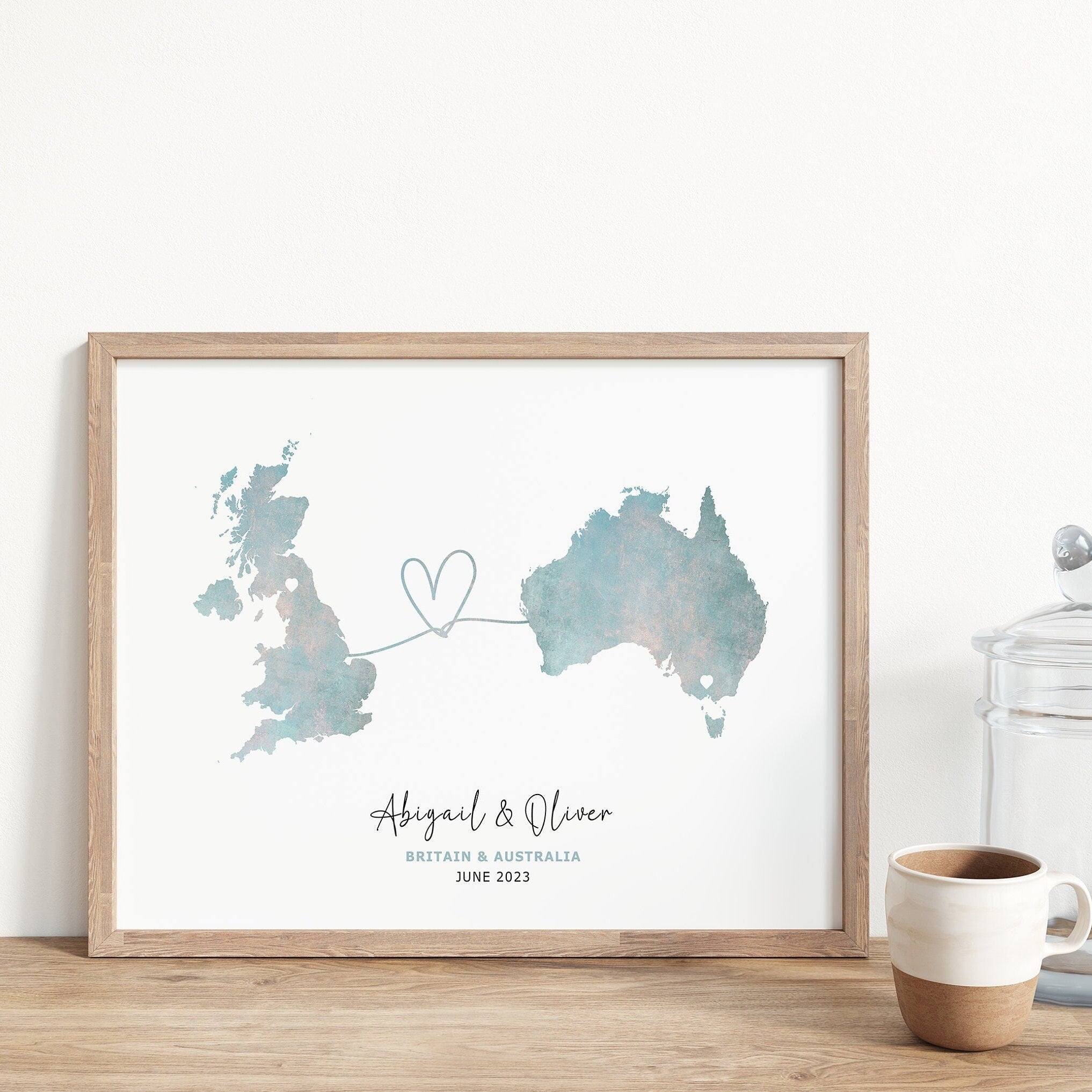 Personalised Map Print, Any 2 Countries, Wall Art Poster, Unique Gift Idea, Love Heart Location Map Print, Country to Country
