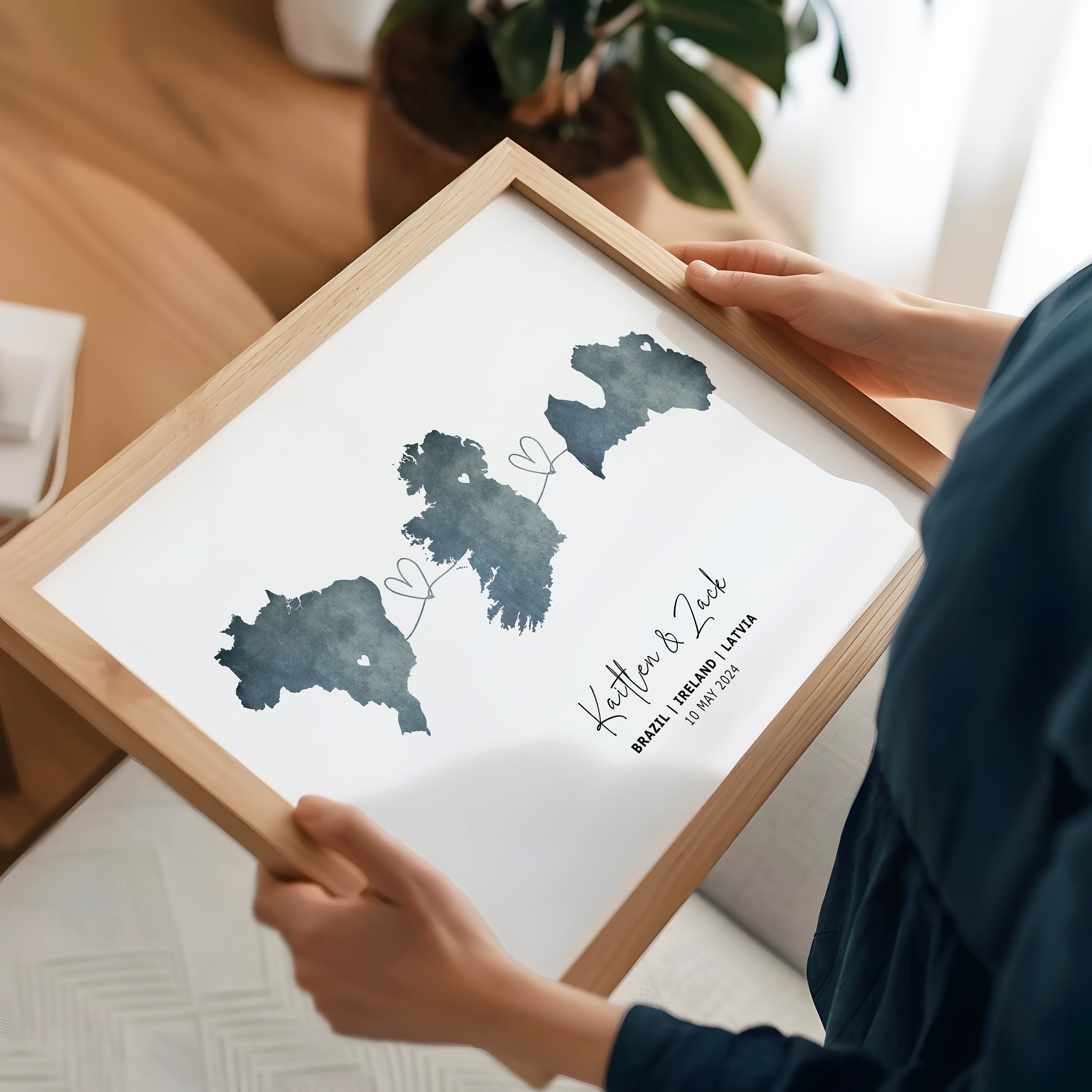 Personalised Map Wall Print - Any Three Countries, Custom Map Decor, Country to Country Wall Art Print, Gift for him, Travel Gift