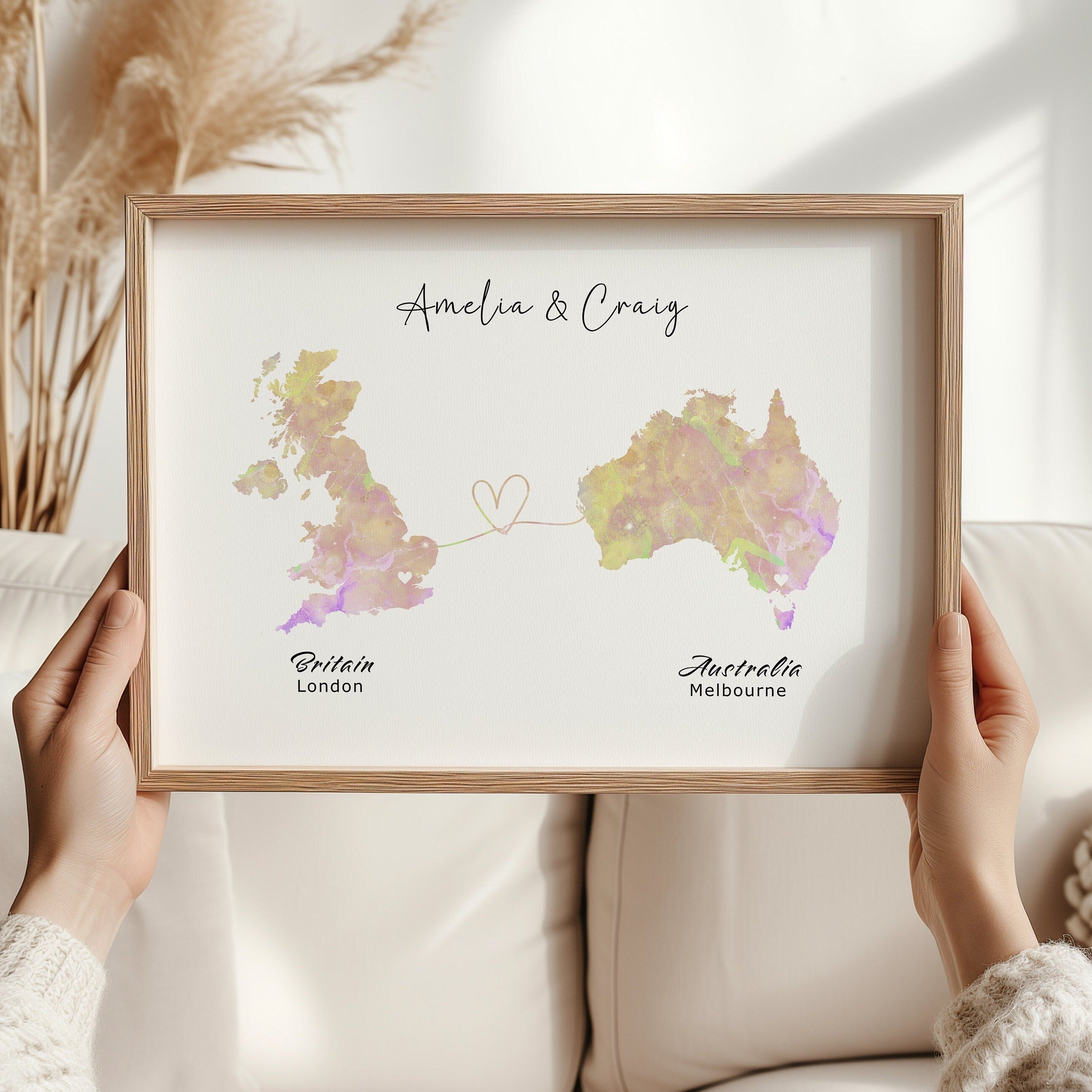 Personalised Map Wall Print - Any Two Countries, Custom Map Decor, Country to Country Wall Art Print, Gift for him, Travel Gift