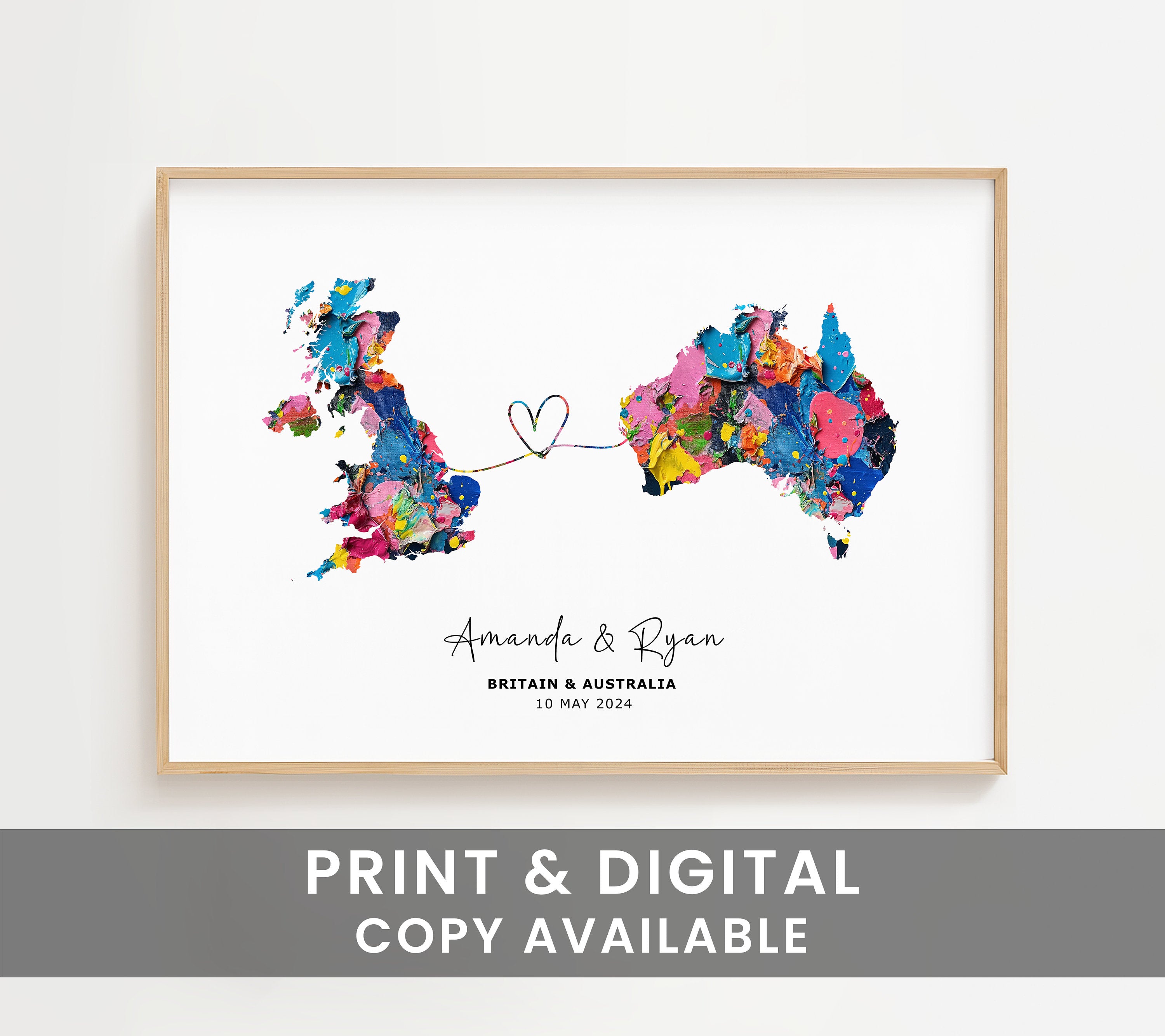 Personalised Map Wall Decor, Any Two Countries, Custom Map Print, Country to Country Wall Art, Fathers Day Gift, Texture Paint - Digital File