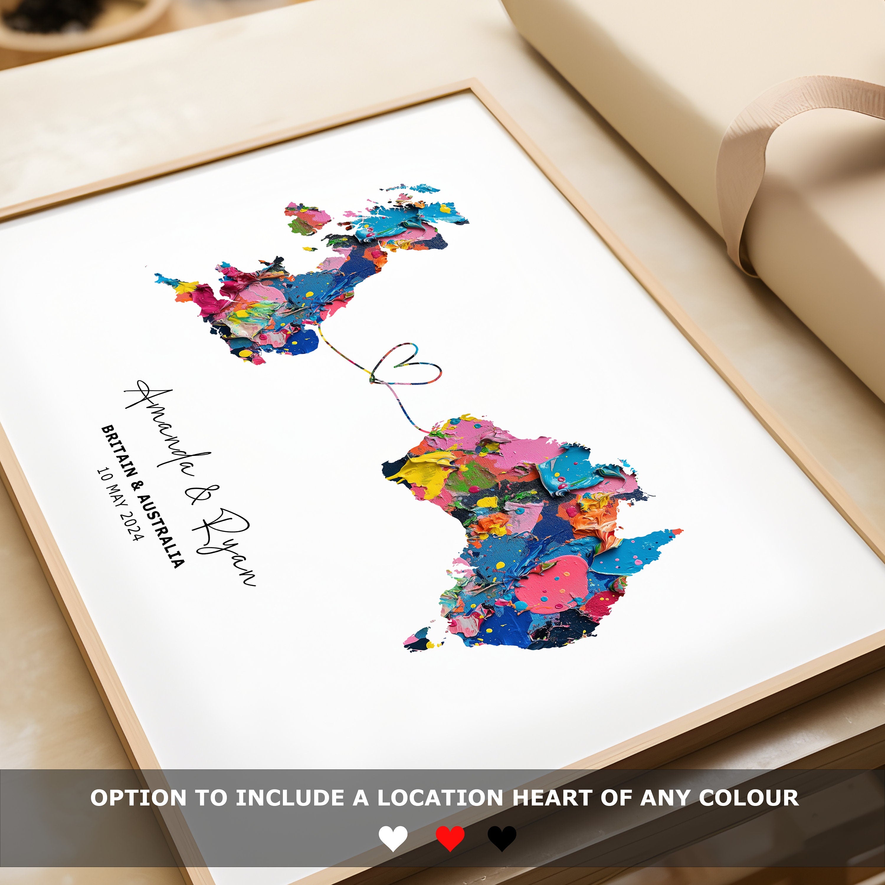 Personalised Map Wall Decor, Any Two Countries, Custom Map Print, Country to Country Wall Art, Fathers Day Gift, Texture Paint