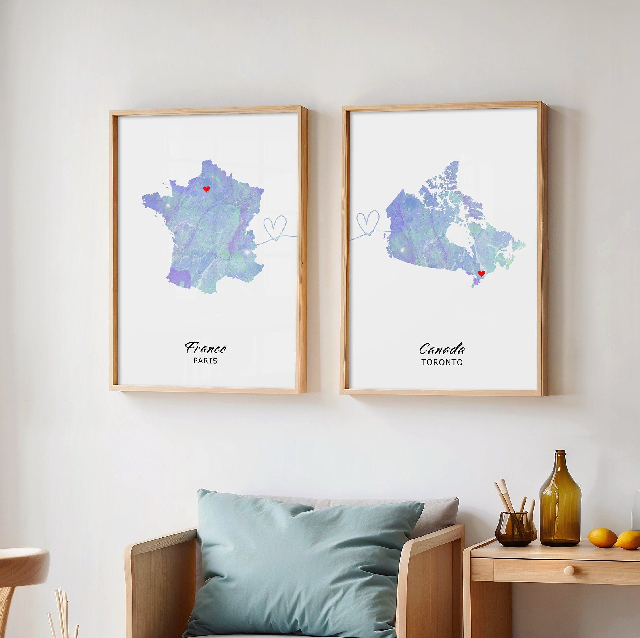 Set of 2 Personalised Maps - Any Two Countries, Custom Map Art, New Home Gift, Digital Map Print, County Map Wall Art - Digital File
