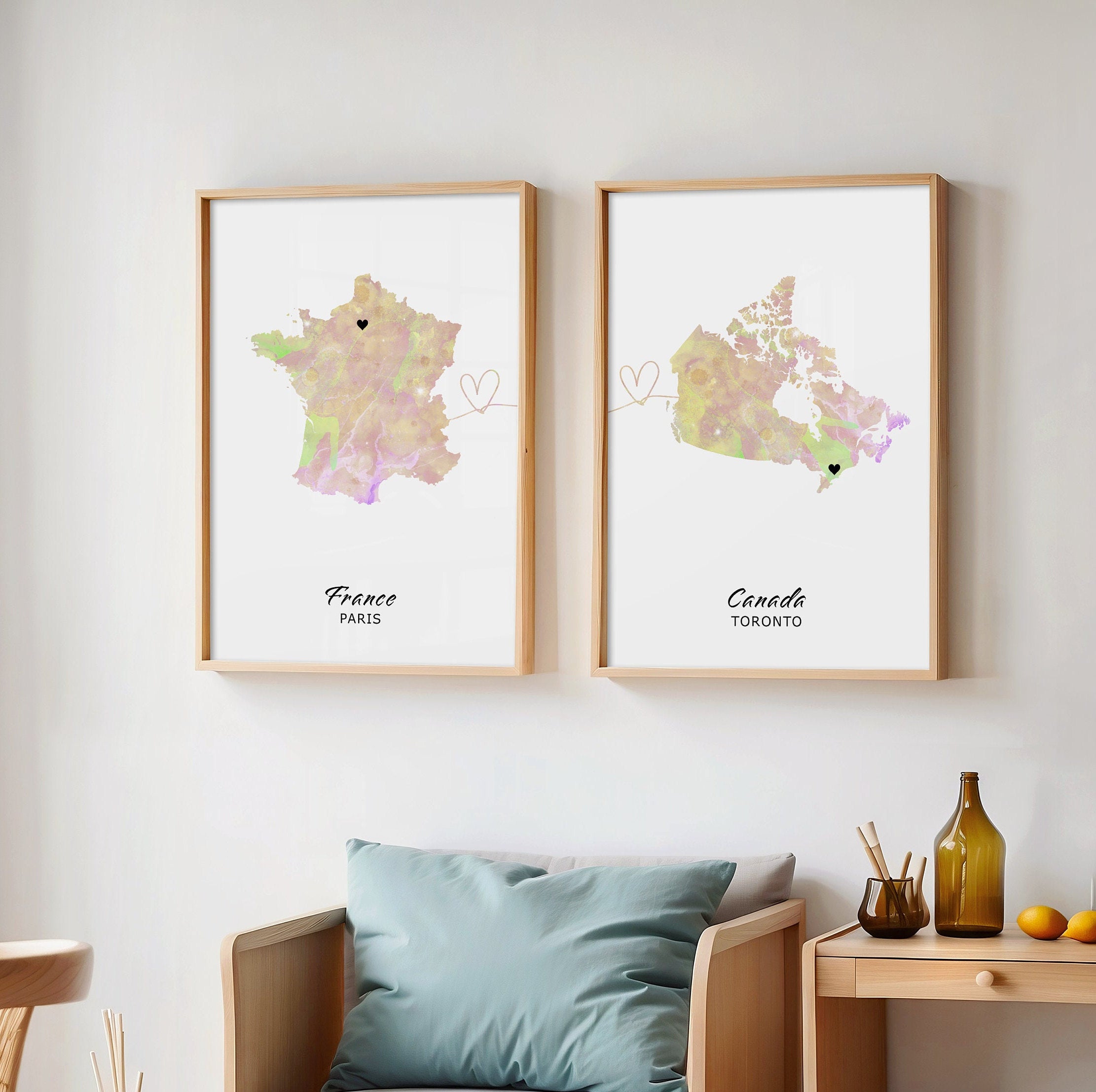 Custom Watercolour Map Prints - Set of 2 Any Two Countries, Personalised Map Wall Art, New Home Gift, Fathers Day Gift