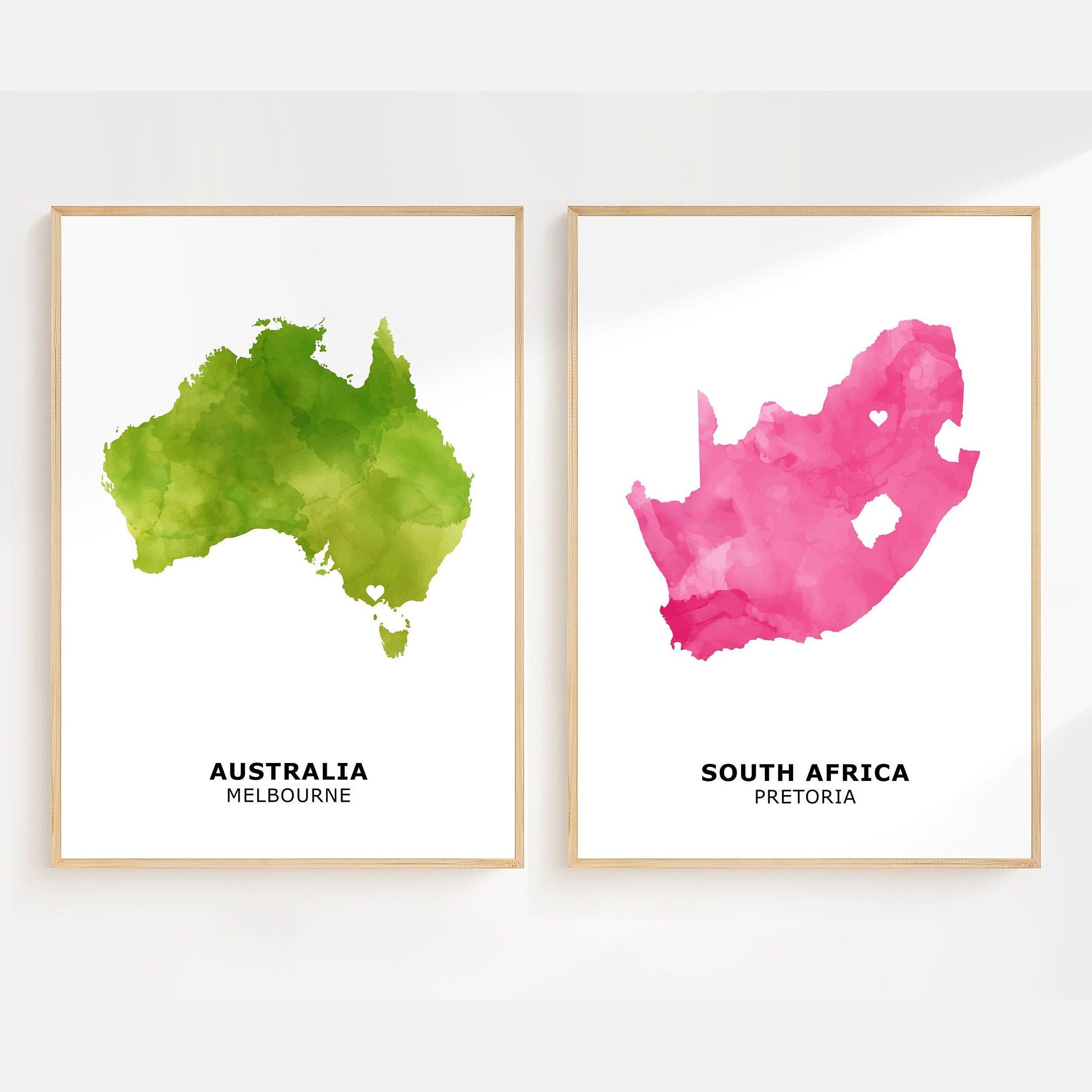Personalised Map Print, Set of 2, Custom Watercolour Map Posters - Any Two Countries, Custom Map Wall Art, New Home Gift, Moving Gift