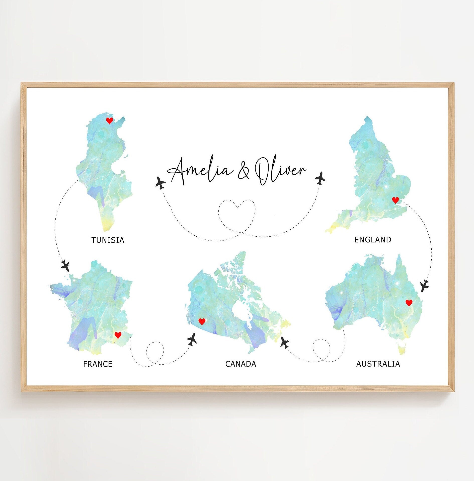 Watercolour Map Print - Up to Any 5 Countries, Custom Map Wall Art, New Home Gift, Travel Gift, Office Decoration