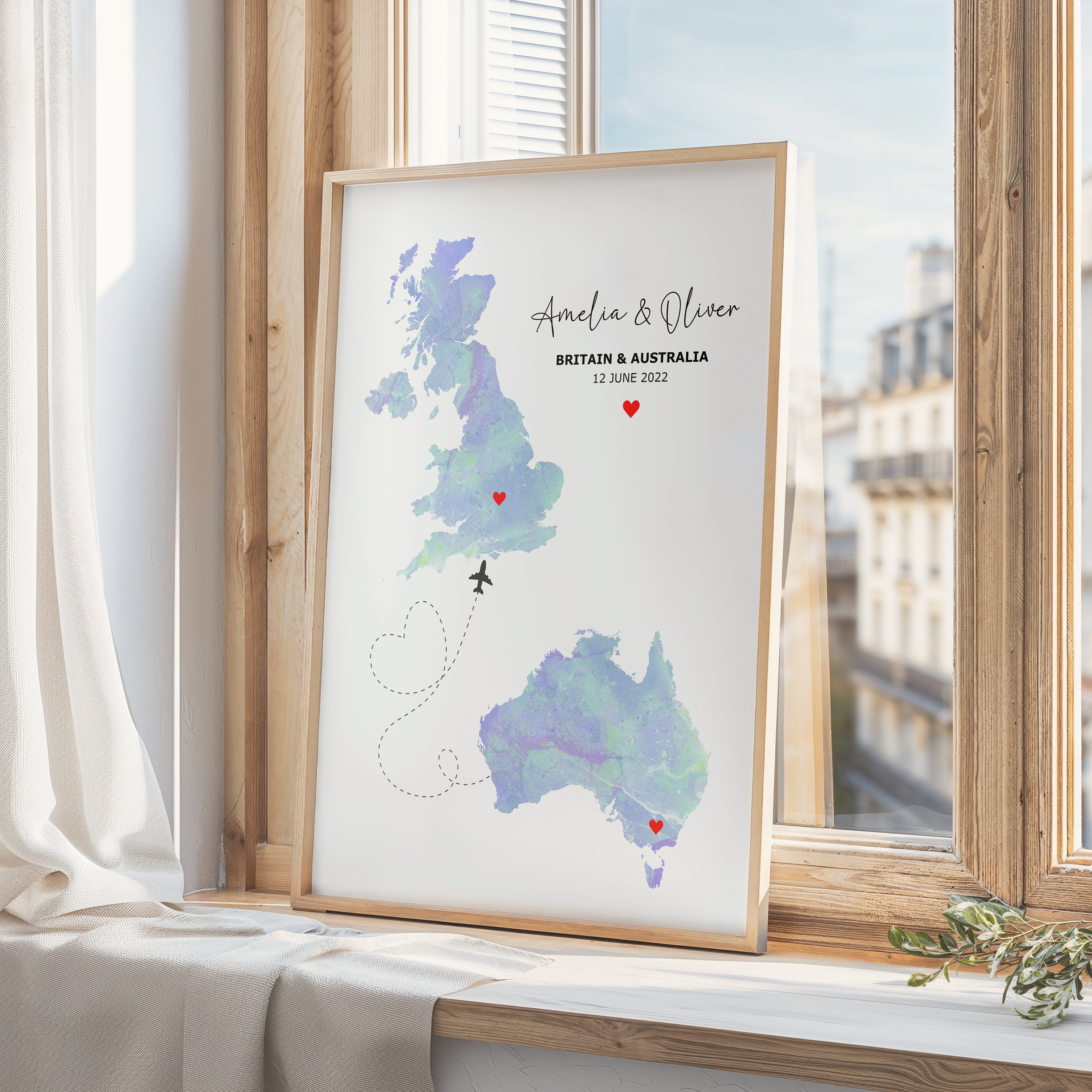 Watercolour Map Print - Any Two Countries, Custom Map Wall Art, New Home Gift, Travel Gift, Office Decoration