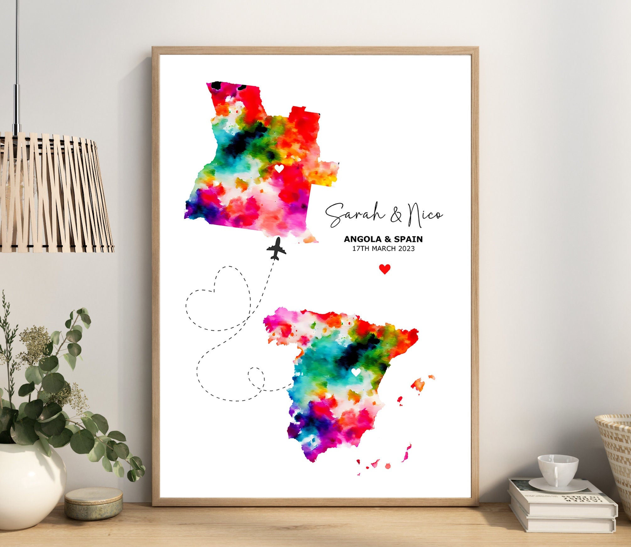 Personalised Map Print - Select two countries - Custom Map Art - Perfect Travel Gift - Digital File