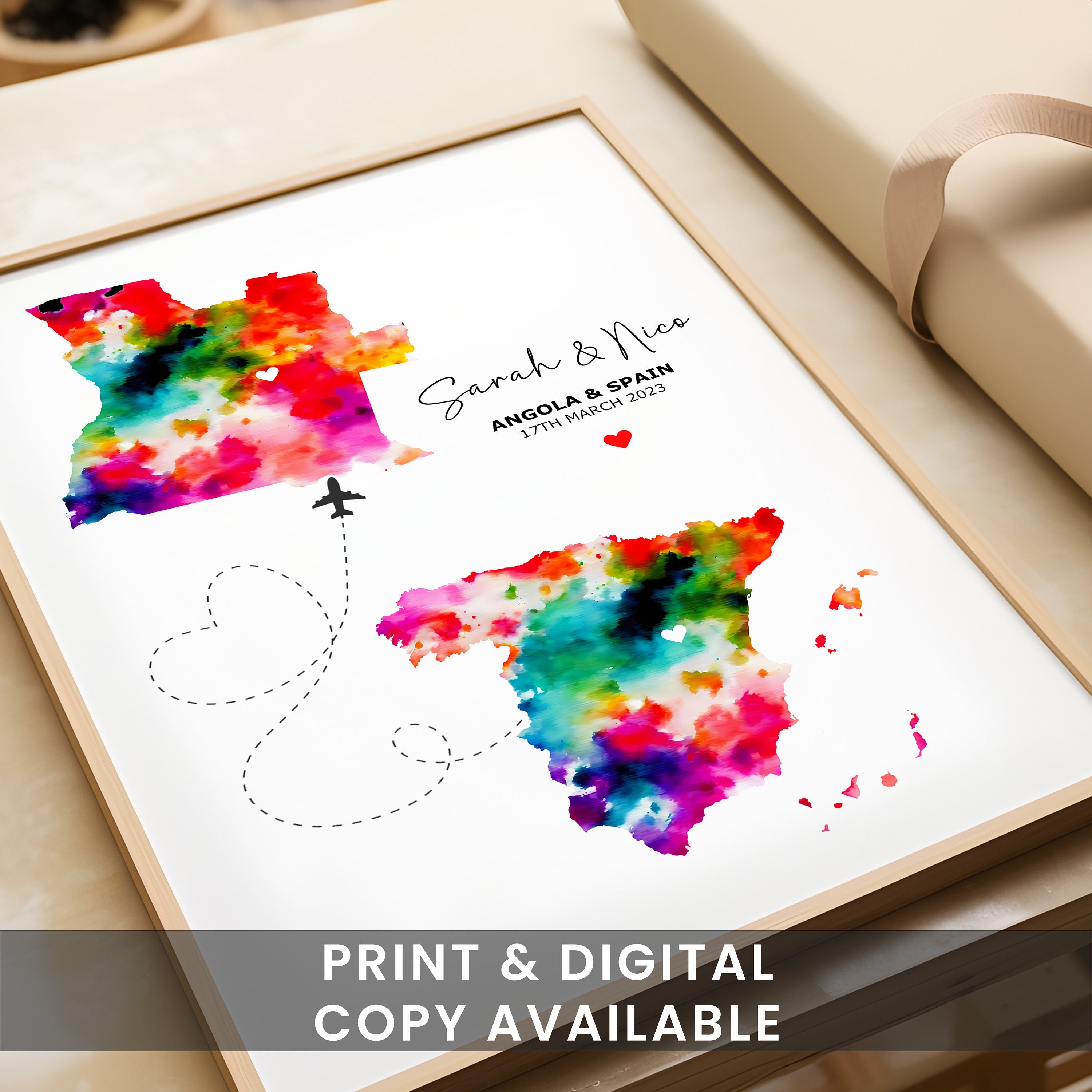 2 Custom Watercolour Map Prints - Any Two Countries, Personalised Map Wall Art, New Home Gift, Fathers Day Gift