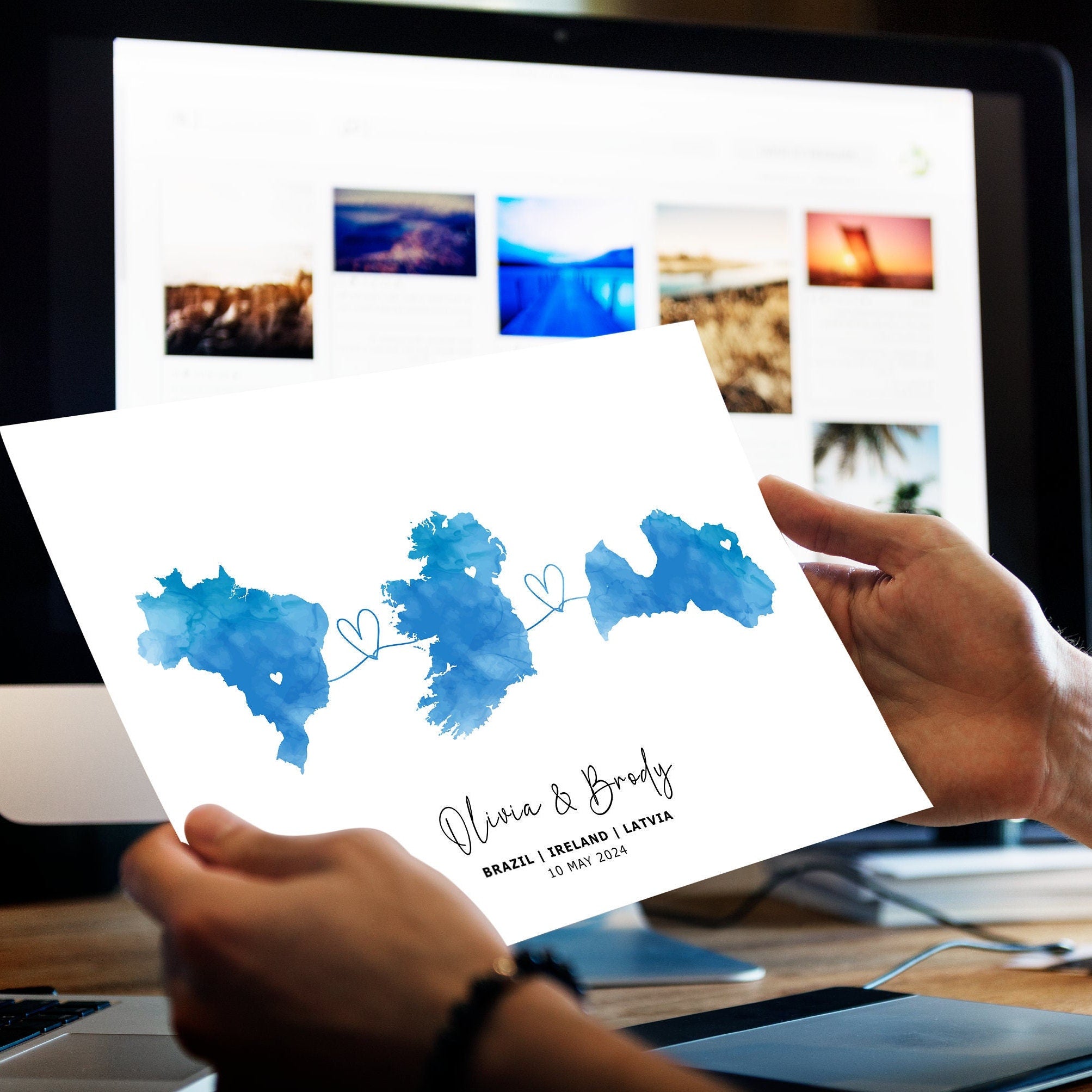 Personalised Map Wall Print - Any Three Countries, Custom Map Decor, Country to Country Wall Art Print, Gift for him, Travel Gift