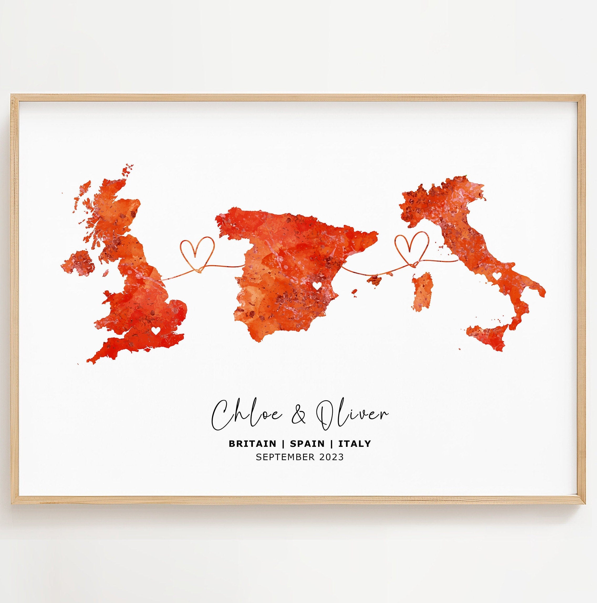 Personalised Map Wall Print - Any Three Countries, Custom Map Decor, Country to Country Wall Art Print, Gift for him, Travel Gift