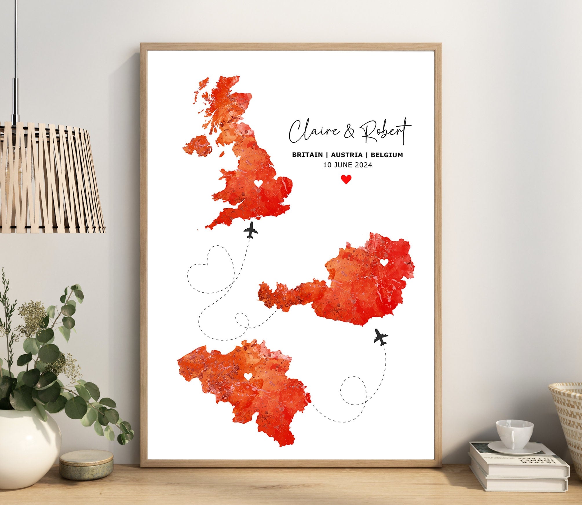 Watercolour Map Print - Any 3 Countries, Custom Map Wall Art, New Home Gift, Travel Gift, Office Decoration