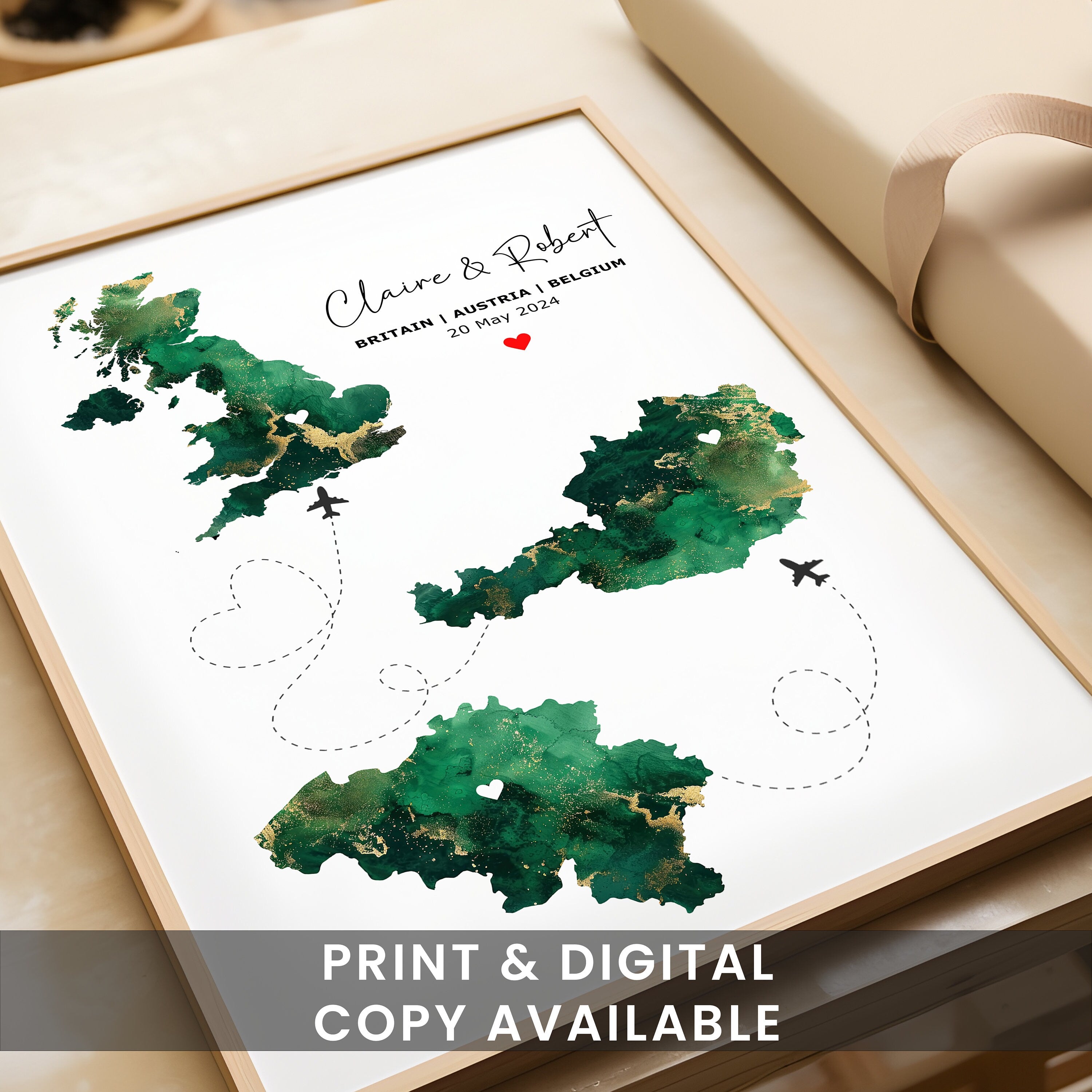Map Print - Any 3 Countries, Custom Map Wall Art, New Home Gift, Travel Gift, Office Decoration