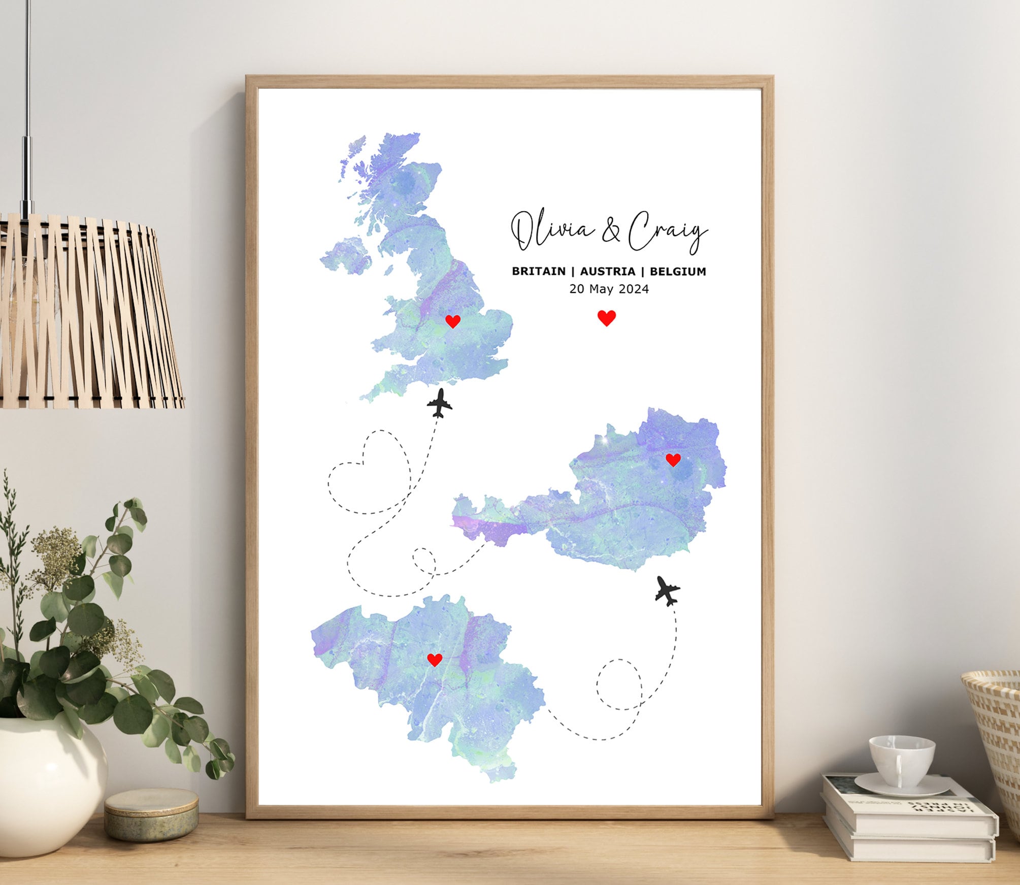 Watercolour Map Print - Any Three Countries, Custom Map Wall Art, New Home Gift, Travel Gift, Office Decoration - Digital File