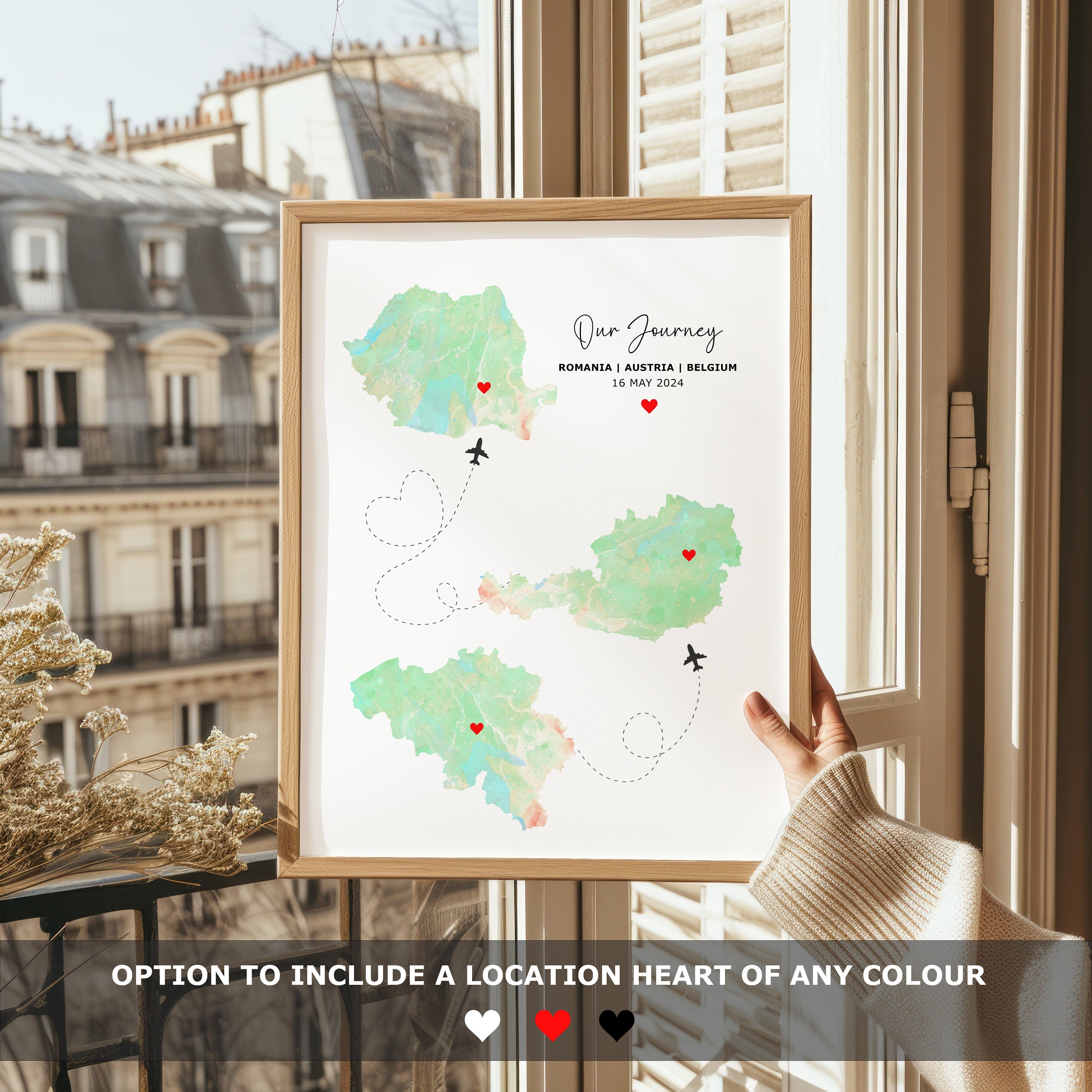 Watercolour Map Print - Any Three Countries, Custom Map Wall Art, New Home Gift, Travel Gift, Office Decoration