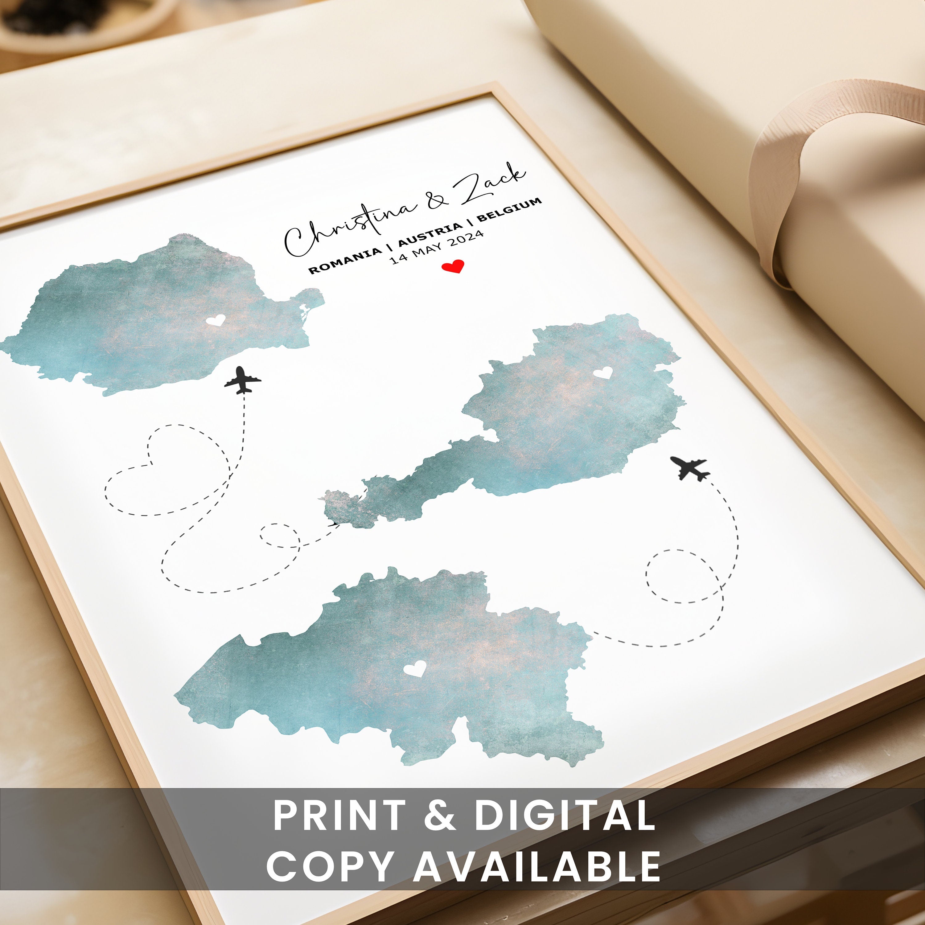 Personalised Map Print - Any Three Countries, Custom Map Wall Art, New Home Gift, Travel Gift, Office Decoration