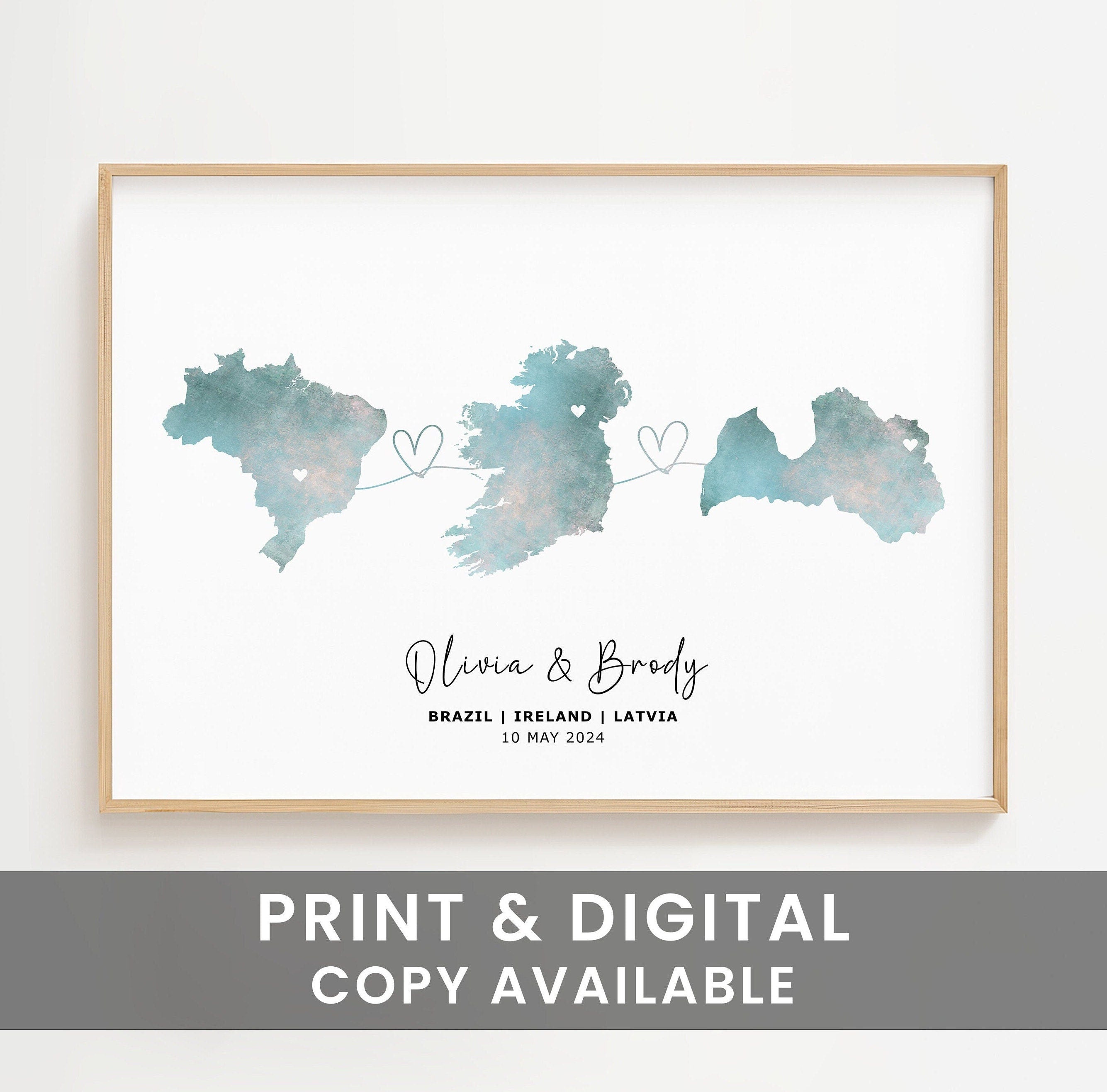 Personalised Map Wall Print - Any Three Countries, Custom Map Decor, Country to Country Wall Art Print, Gift for him, Travel Gift